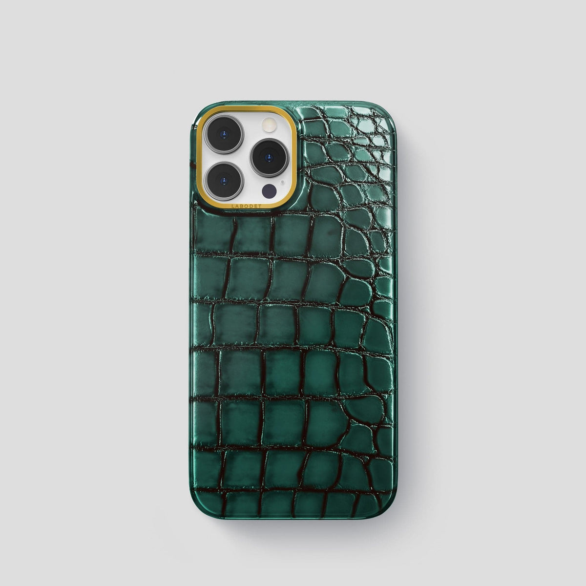 Green iPhone 15 Pro Classic Case Patina Alligator with Gold Metal -1 | Green-Gold