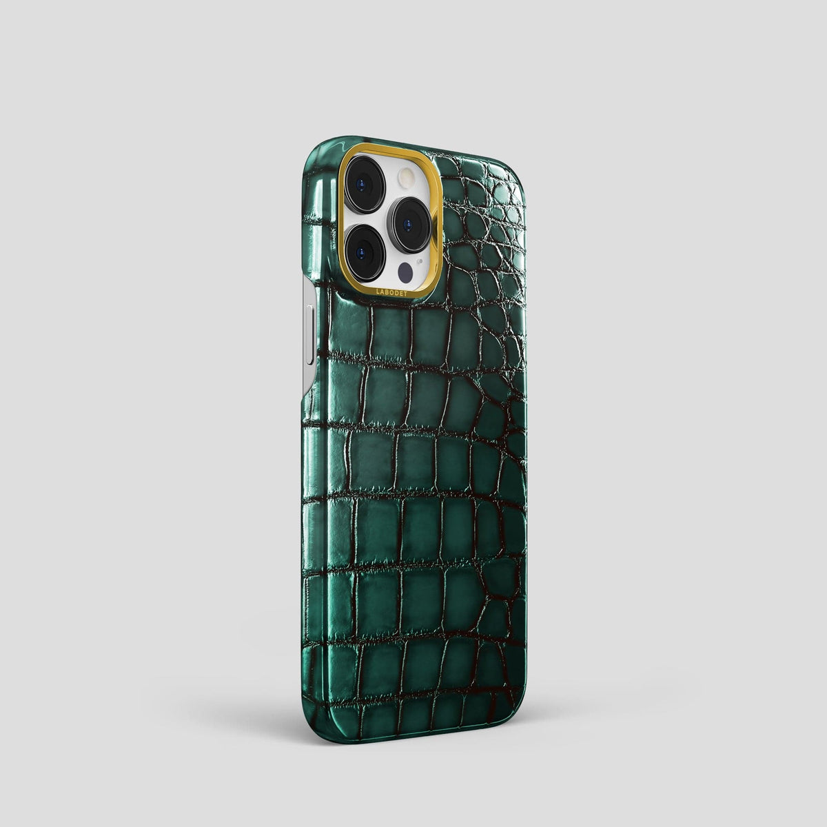 Green iPhone 15 Pro Classic Case Patina Alligator with Gold Metal -2 | Green-Gold