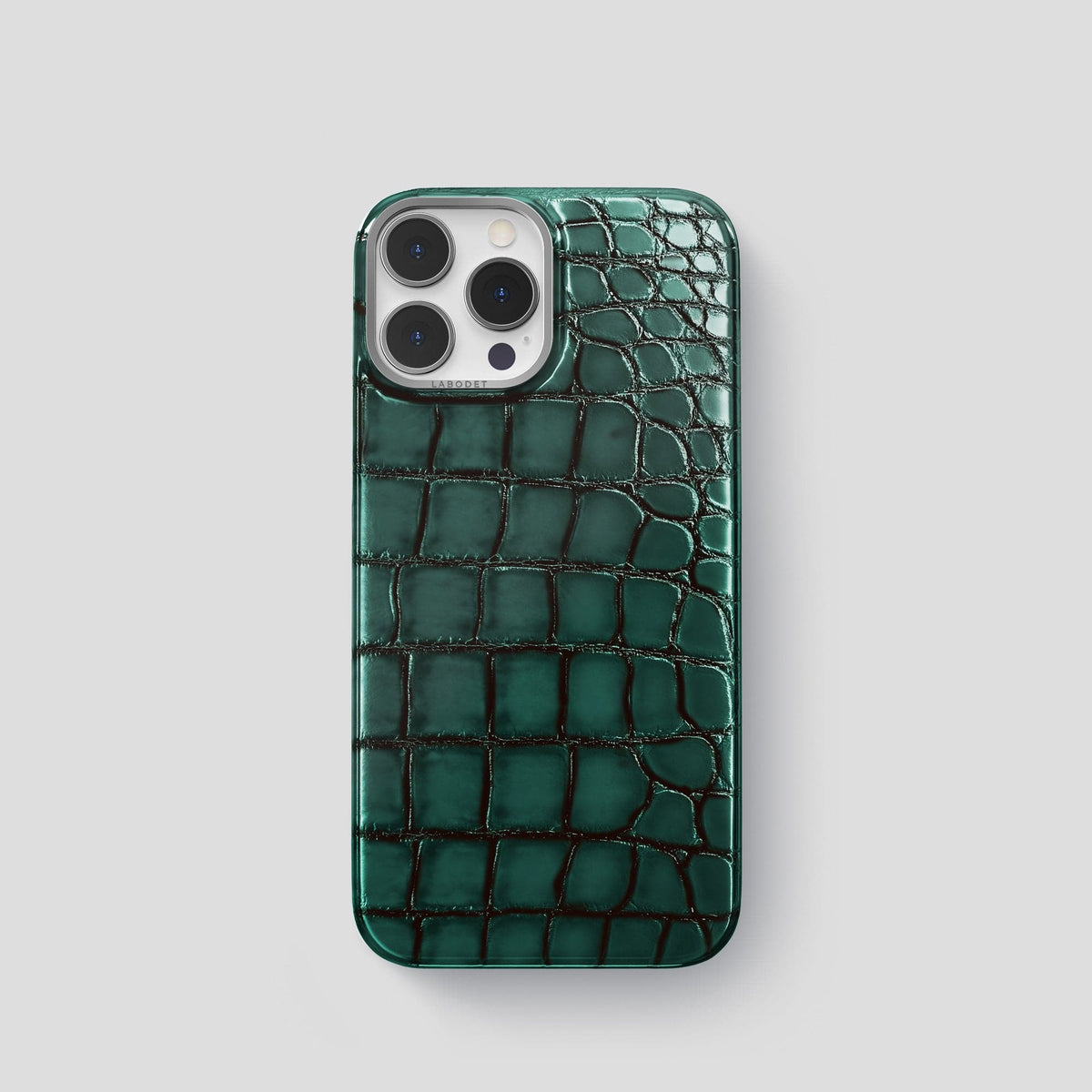 Green iPhone 15 Pro Classic Case Patina Alligator with Steel Metal -1 | Green-Steel