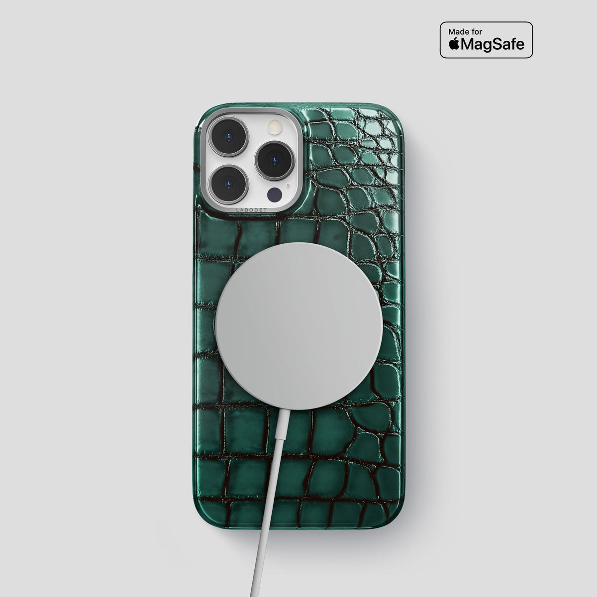 Green iPhone 15 Pro Classic Case Patina Alligator with Steel Metal -5 | Green-Steel