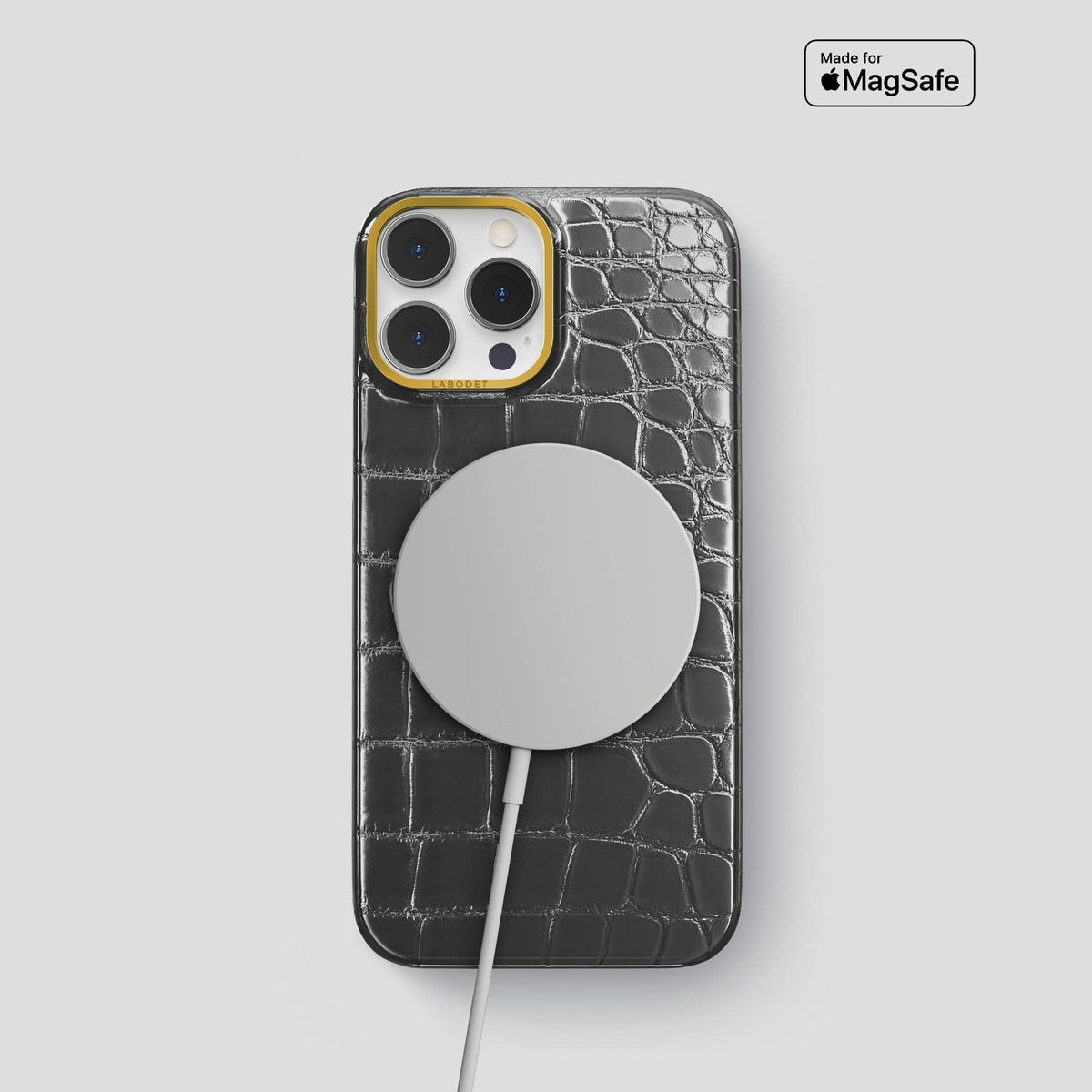 Grey iPhone 15 Pro Classic Case Patina Alligator with Gold Metal -5 | Grey-Gold
