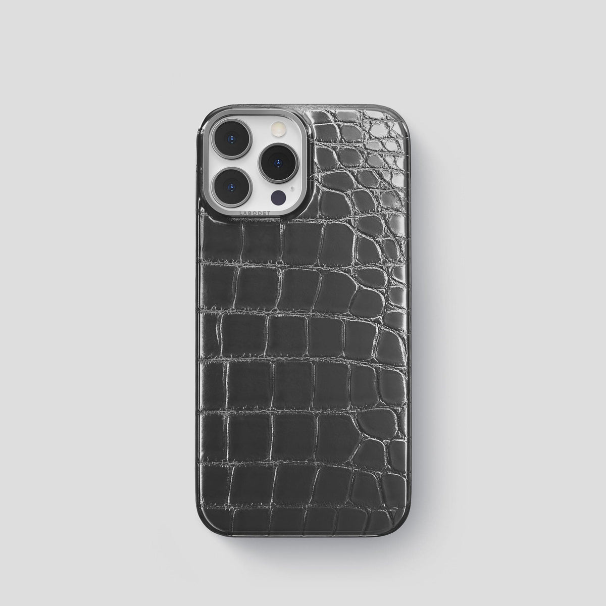 Grey iPhone 15 Pro Classic Case Patina Alligator with Steel Metal -1 | Grey-Steel