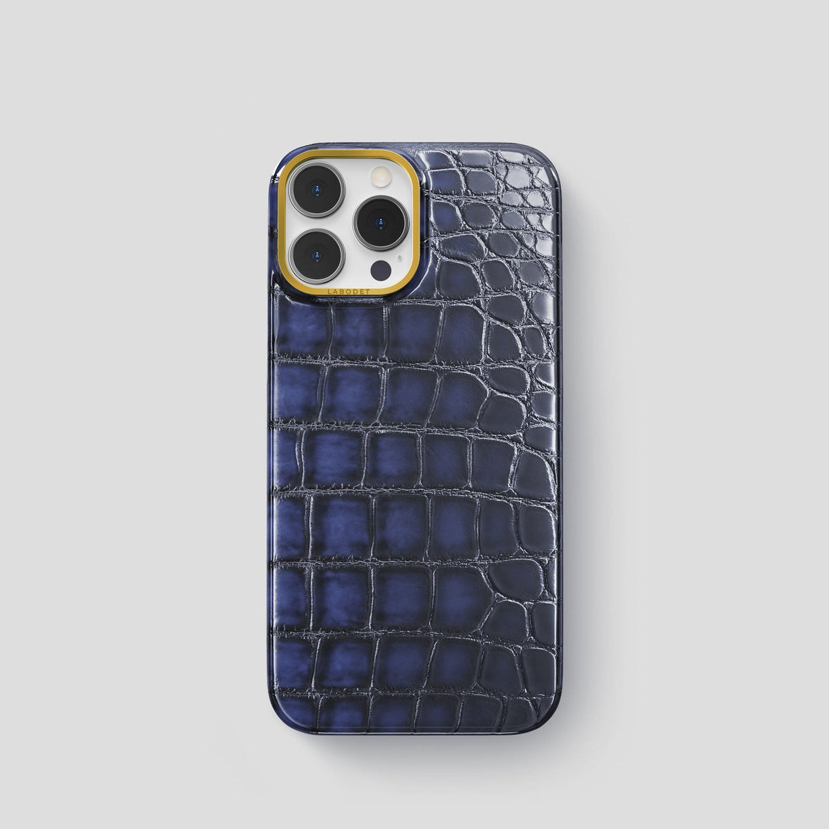 Havana-Blue iPhone 15 Pro Classic Case Patina Alligator with Gold Metal -1 | Havana-Blue-Gold