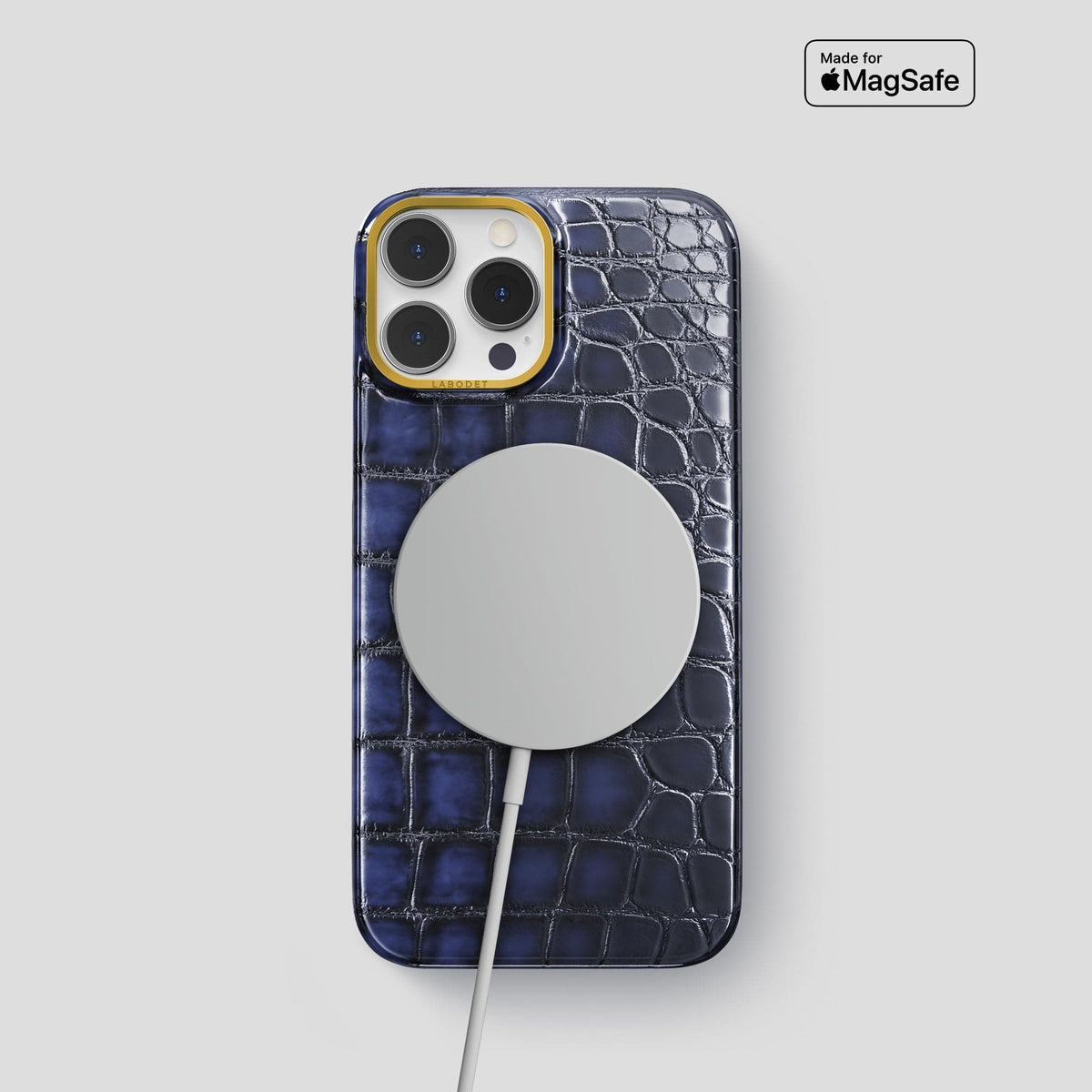 Havana-Blue iPhone 15 Pro Classic Case Patina Alligator with Gold Metal -5 | Havana-Blue-Gold