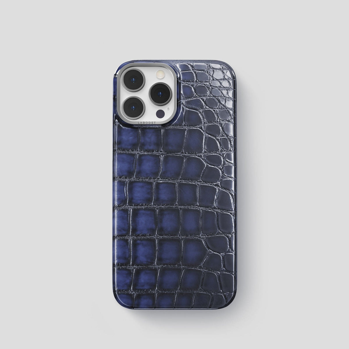 Havana-Blue iPhone 15 Pro Classic Case Patina Alligator with Steel Metal -1 | Havana-Blue-Steel