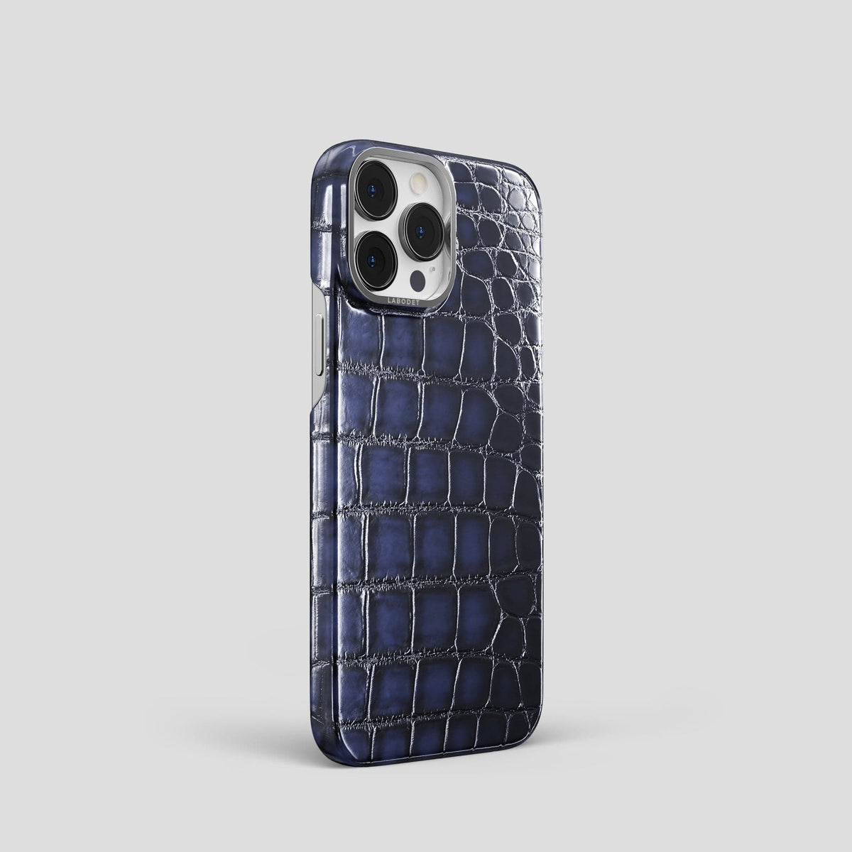 Havana-Blue iPhone 15 Pro Classic Case Patina Alligator with Steel Metal -2 | Havana-Blue-Steel