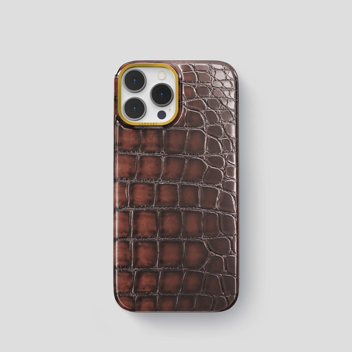 Havana-Brown iPhone 15 Pro Classic Case Patina Alligator with Gold Metal -1 | Havana-Brown-Gold