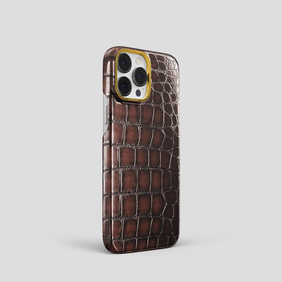 Havana-Brown iPhone 15 Pro Classic Case Patina Alligator with Gold Metal -2 | Havana-Brown-Gold