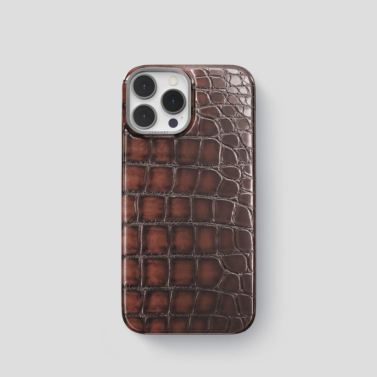 Havana-Brown iPhone 15 Pro Classic Case Patina Alligator with Steel Metal -1 | Havana-Brown-Steel