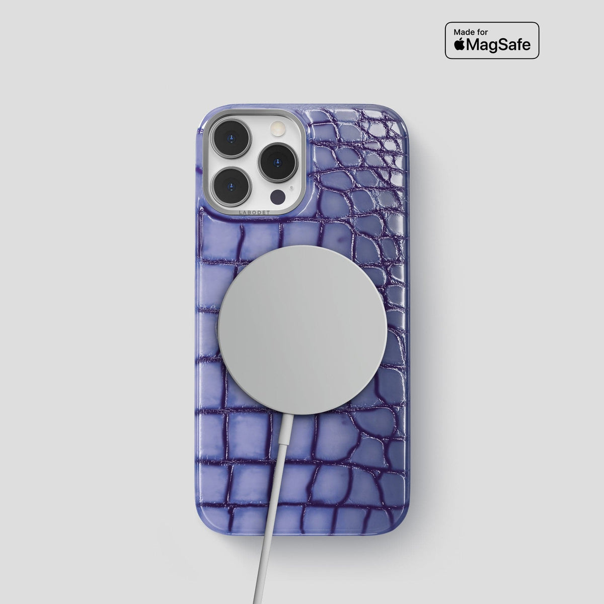 Lilac iPhone 15 Pro Classic Case Patina Alligator with Steel Metal -5 | Lilac-Steel