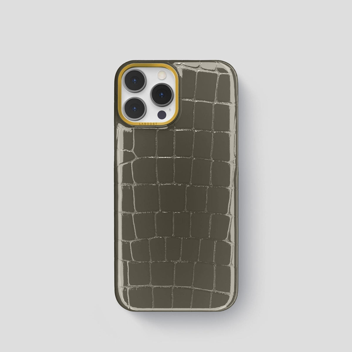 Concrete-Grey iPhone 15 Pro Shiny Alligator with Gold Metal -1 | Concrete-Grey-Gold