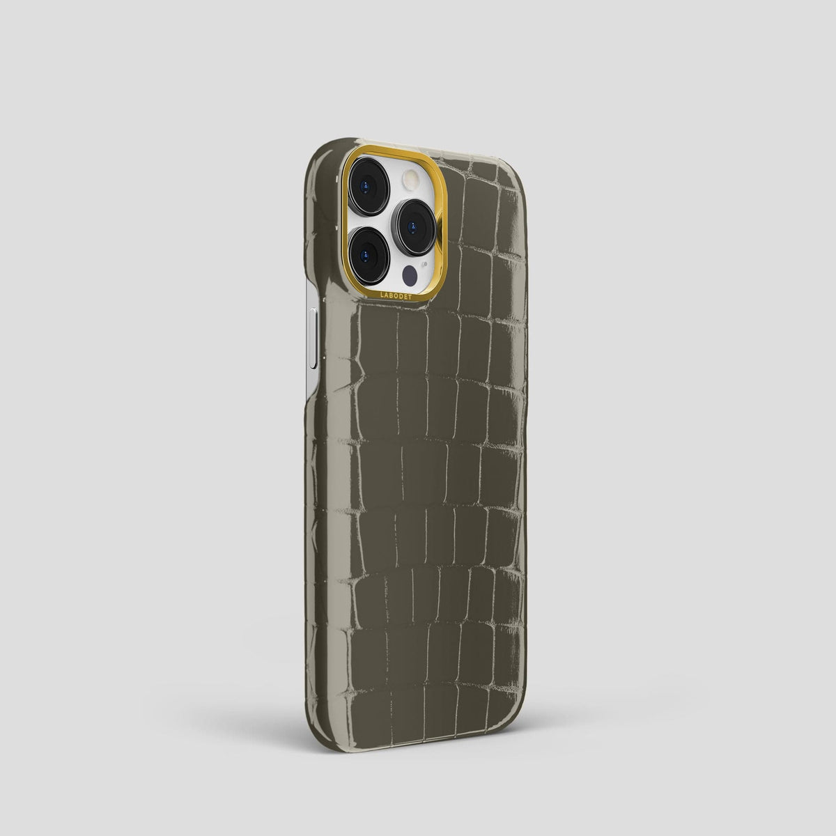 Concrete-Grey iPhone 15 Pro Shiny Alligator with Gold Metal -2 | Concrete-Grey-Gold