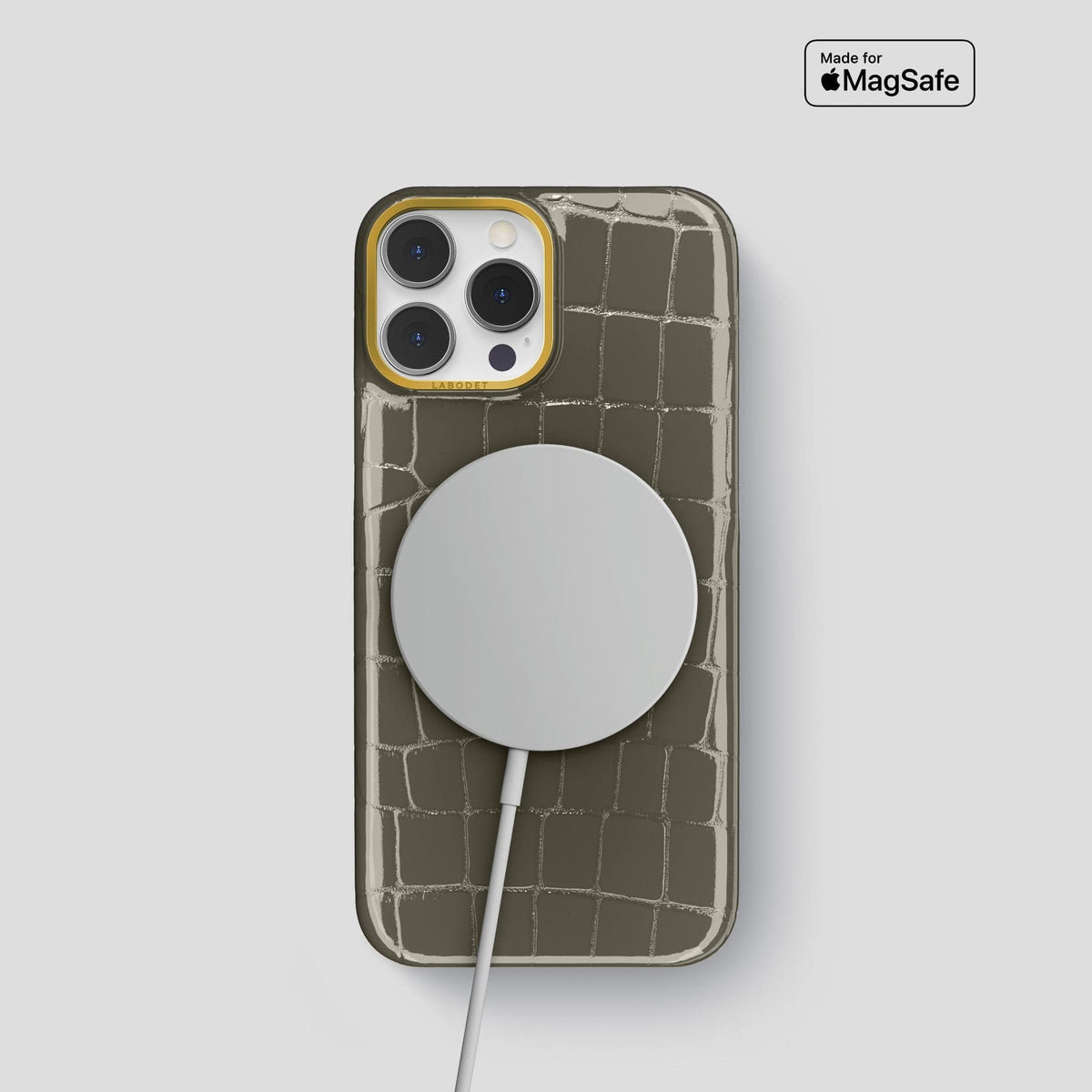 Concrete-Grey iPhone 15 Pro Shiny Alligator with Gold Metal -5 | Concrete-Grey-Gold
