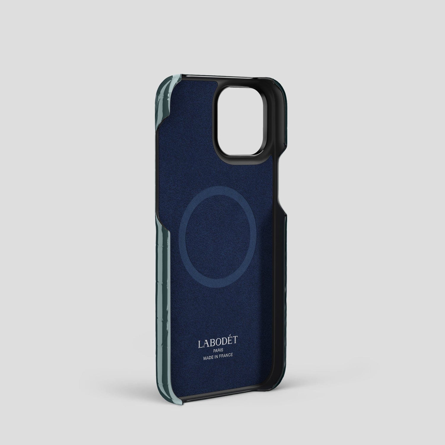 Duck Blue iPhone 15 Pro Shiny Alligator with Black Metal -4 | Duck-Blue-Black