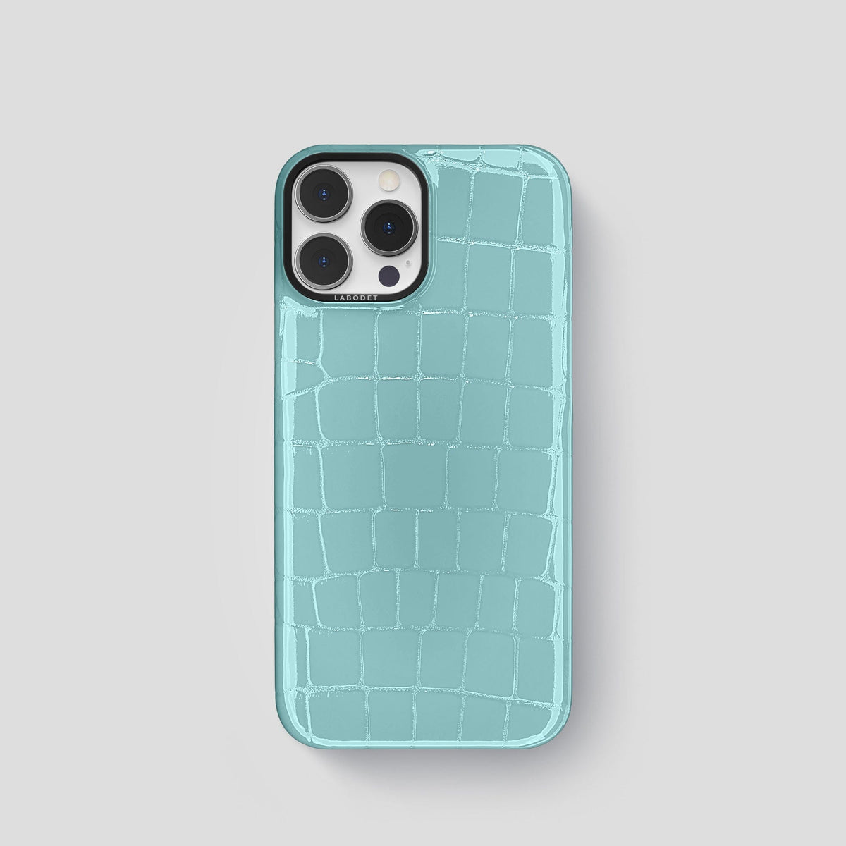 Light Blue iPhone 15 Pro Shiny Alligator with Black Metal -1 | Light-Blue-Black