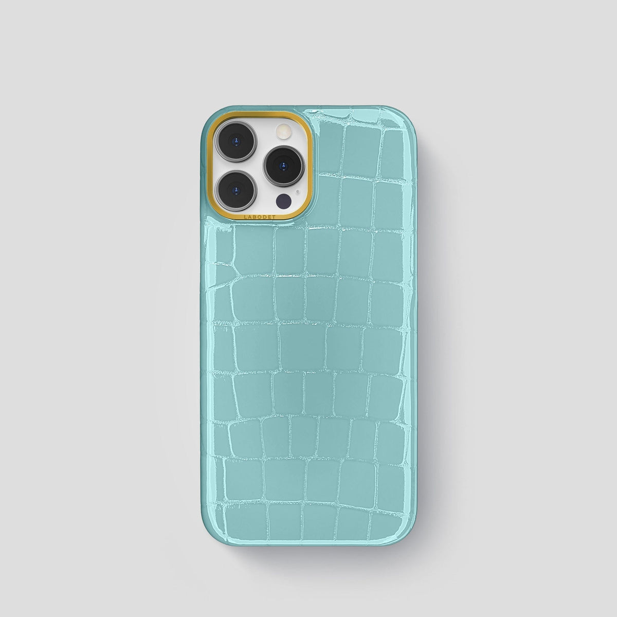 Light Blue iPhone 15 Pro Shiny Alligator with Gold Metal -1 | Light-Blue-Gold