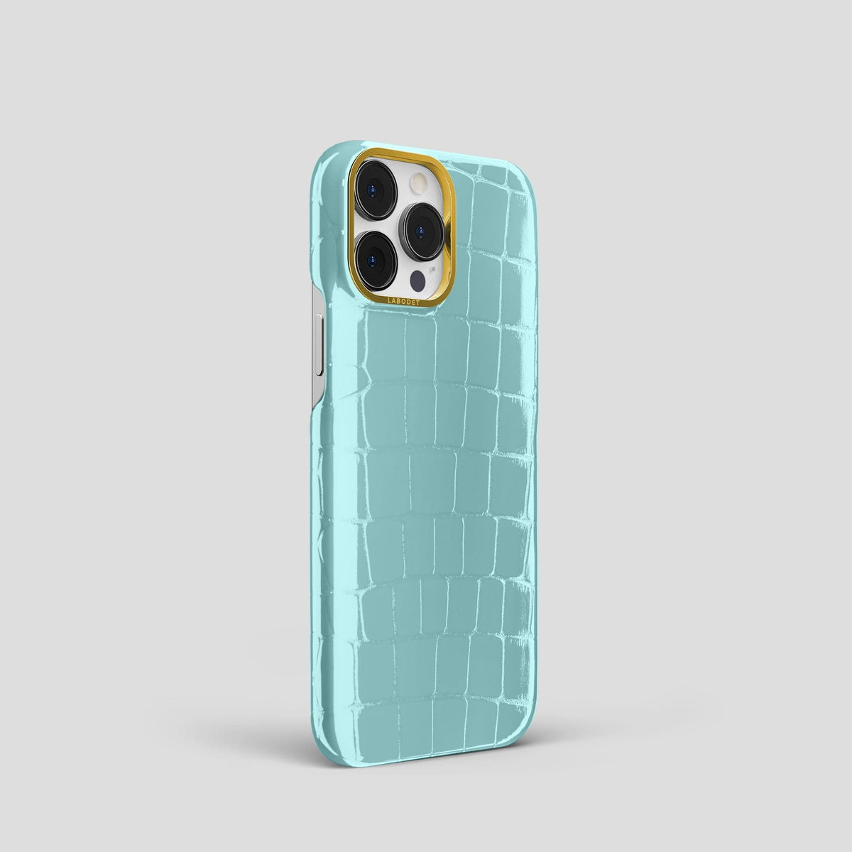 Light Blue iPhone 15 Pro Shiny Alligator with Gold Metal -2 | Light-Blue-Gold