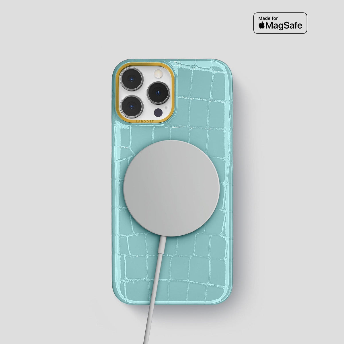 Light Blue iPhone 15 Pro Shiny Alligator with Gold Metal -5 | Light-Blue-Gold
