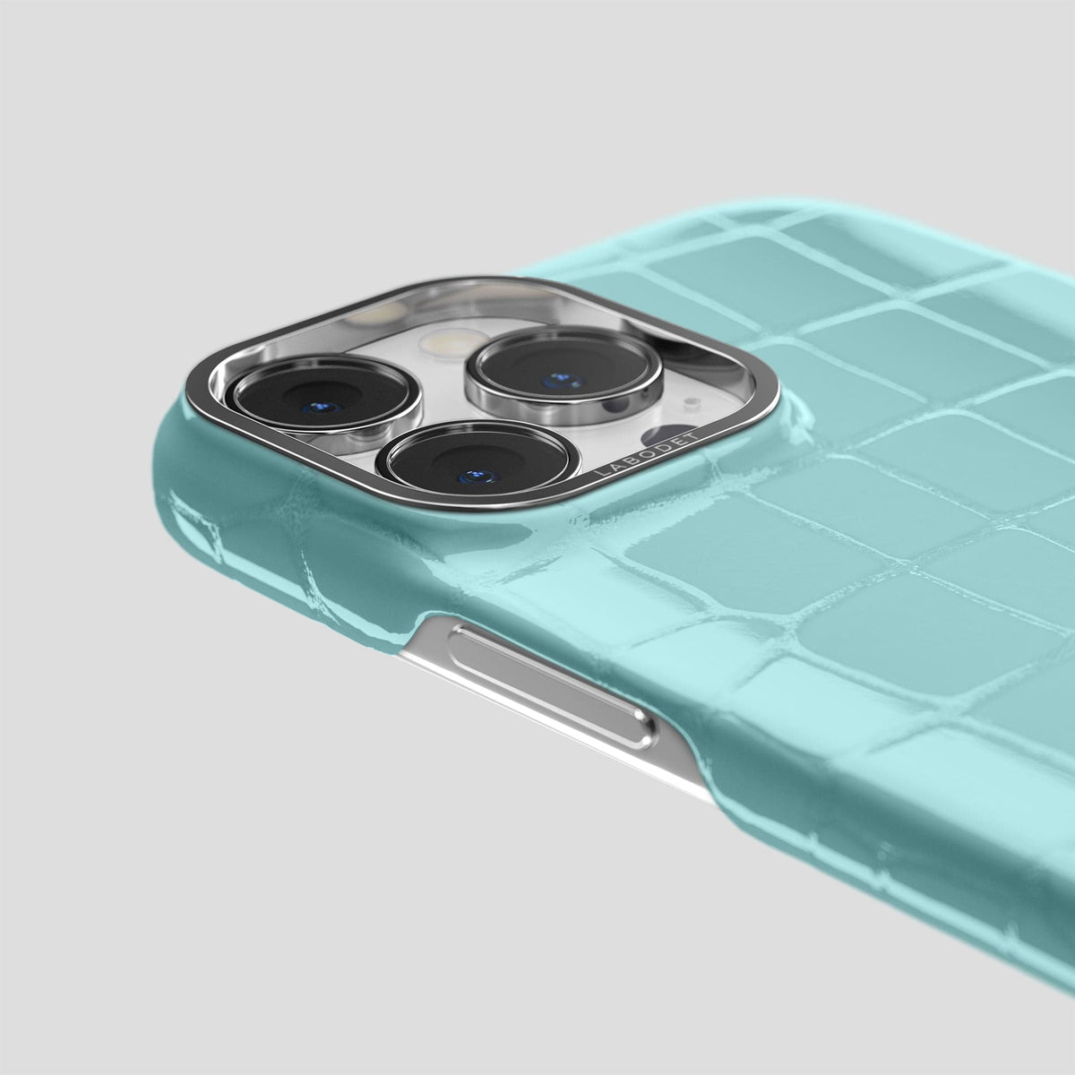 Light Blue iPhone 15 Pro Shiny Alligator with Steel Metal -6 | Light-Blue-Steel