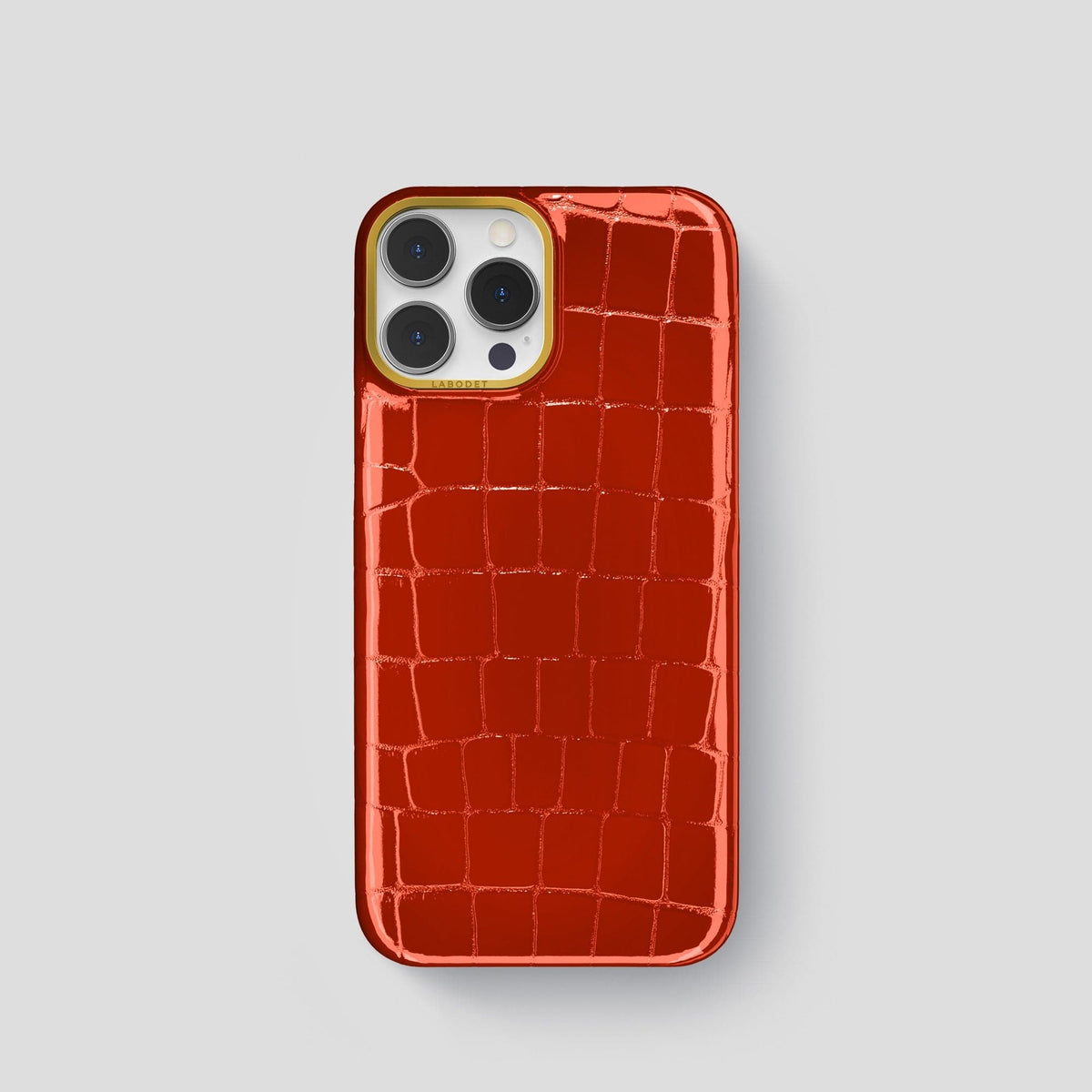 Orange iPhone 15 Pro Shiny Alligator with Gold Metal -1 | Orange-Gold