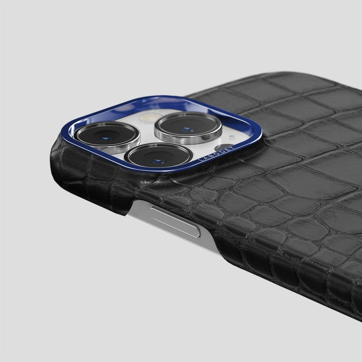 Black iPhone 15 Pro Classic Case Alligator with Blue Metal -6 | Black-Blue