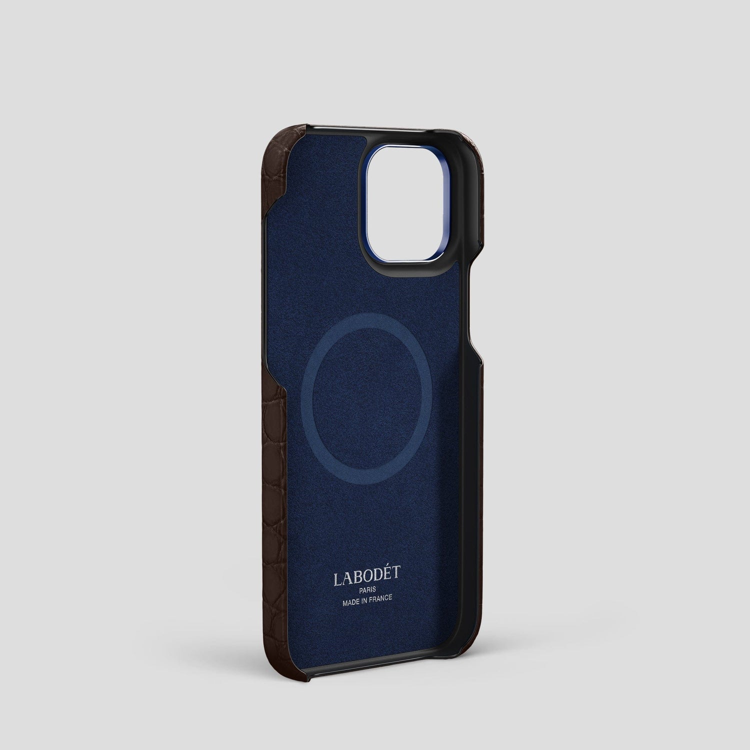 Dark-Brown iPhone 15 Pro Classic Case Alligator with Blue Metal -4 | Dark-Brown-Blue