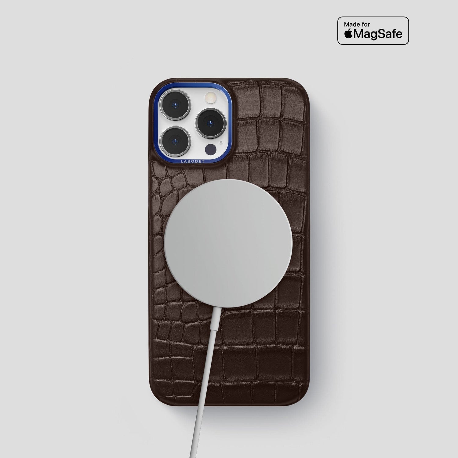 Dark-Brown iPhone 15 Pro Classic Case Alligator with Blue Metal -5 | Dark-Brown-Blue
