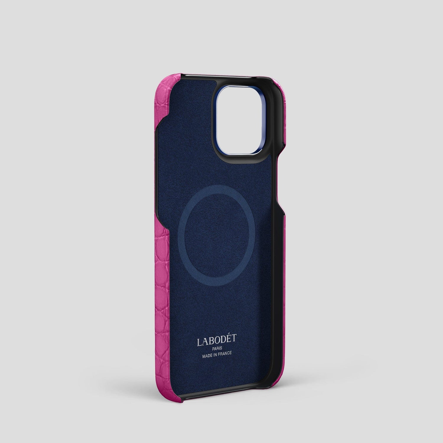 Fuchsia iPhone 15 Pro Classic Case Alligator with Blue Metal -4 | Fuchsia-Blue