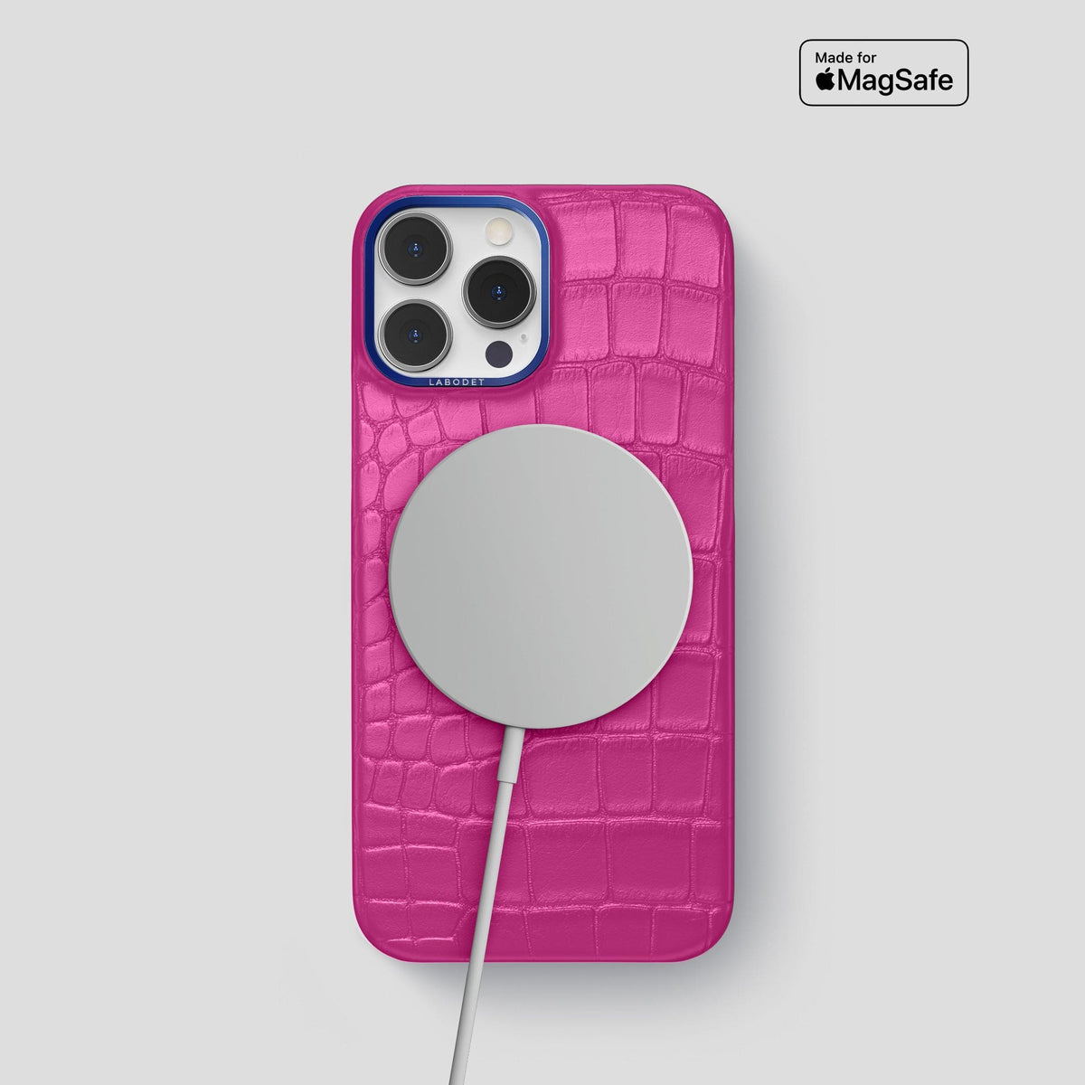 Fuchsia iPhone 15 Pro Classic Case Alligator with Blue Metal -5 | Fuchsia-Blue