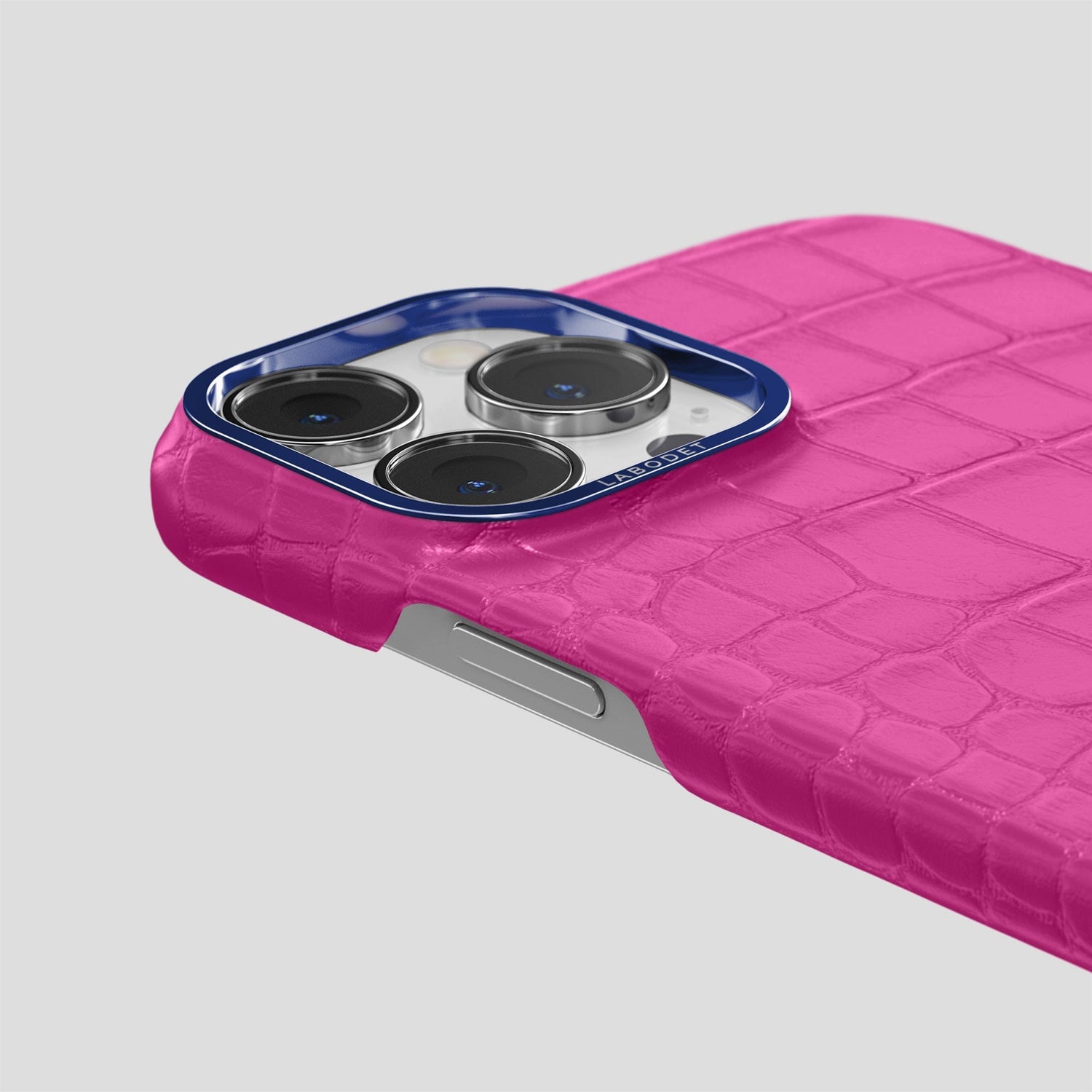 Fuchsia iPhone 15 Pro Classic Case Alligator with Blue Metal -6 | Fuchsia-Blue