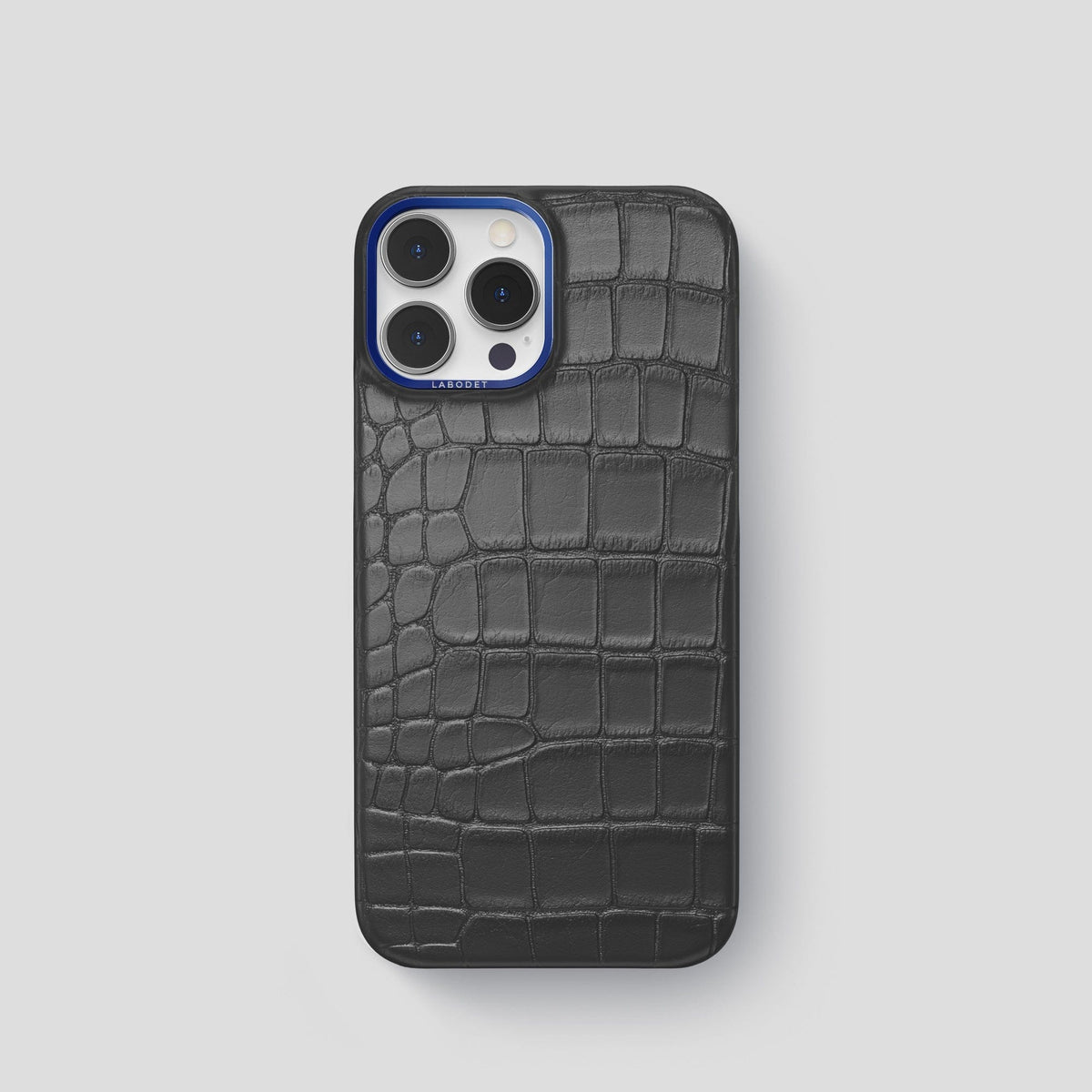 Grey iPhone 15 Pro Classic Case Alligator with Blue Metal -1 | Grey-Blue