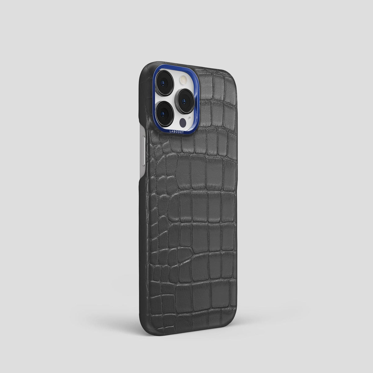 Grey iPhone 15 Pro Classic Case Alligator with Blue Metal -2 | Grey-Blue