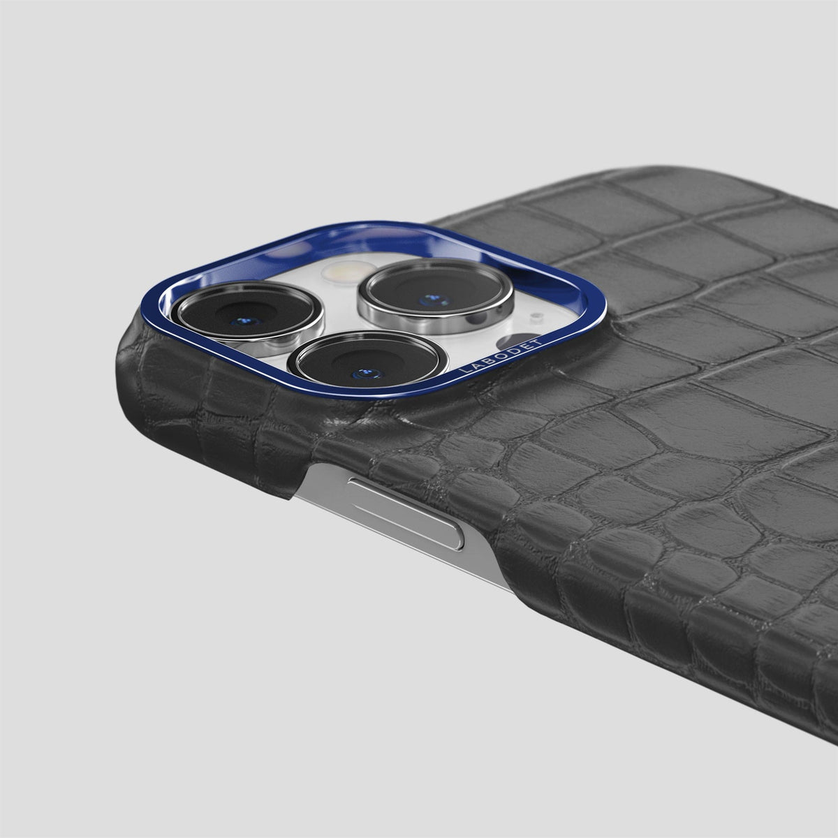 Grey iPhone 15 Pro Classic Case Alligator with Blue Metal -6 | Grey-Blue