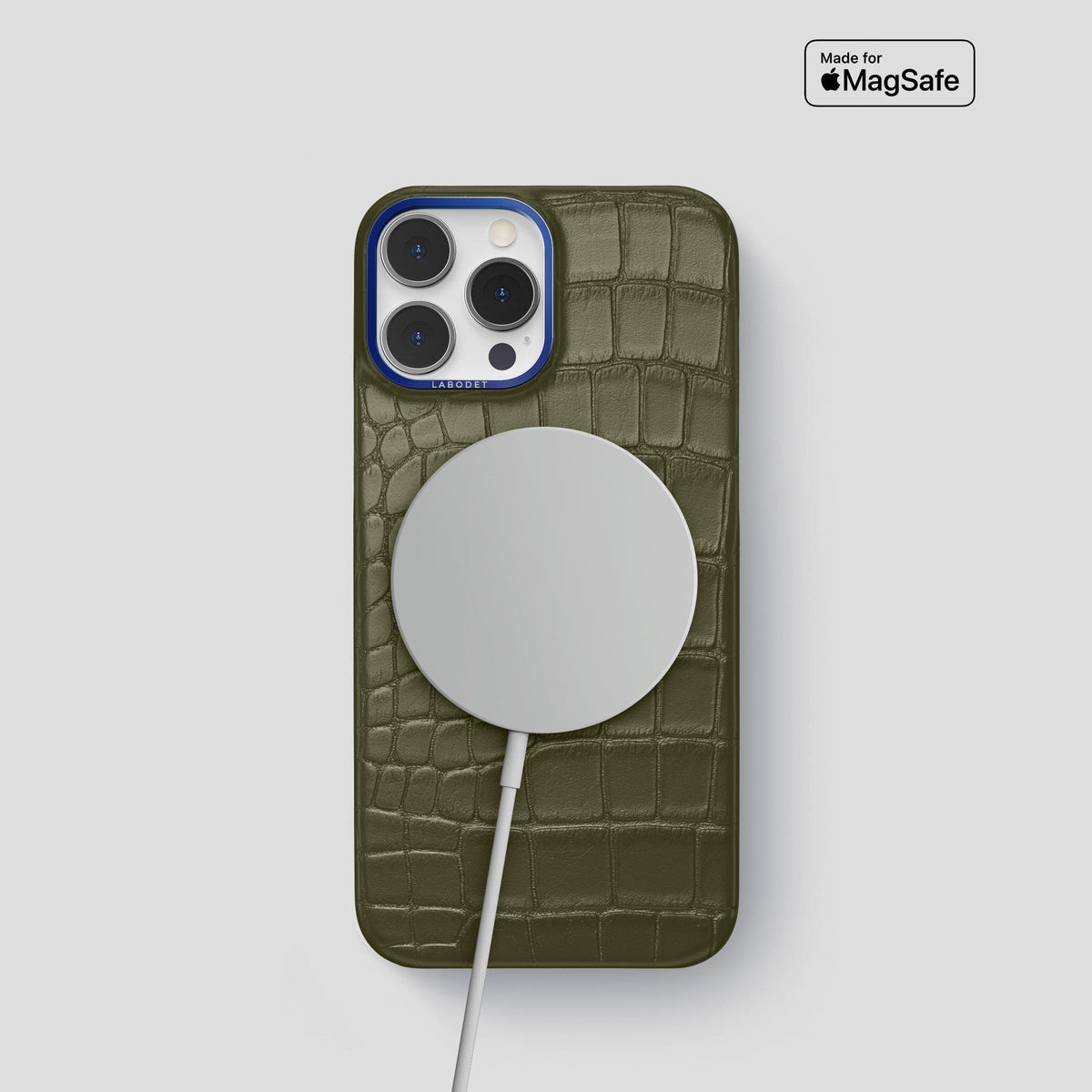 Kaki-Green iPhone 15 Pro Classic Case Alligator with Blue Metal -5 | Kaki-Green-Blue