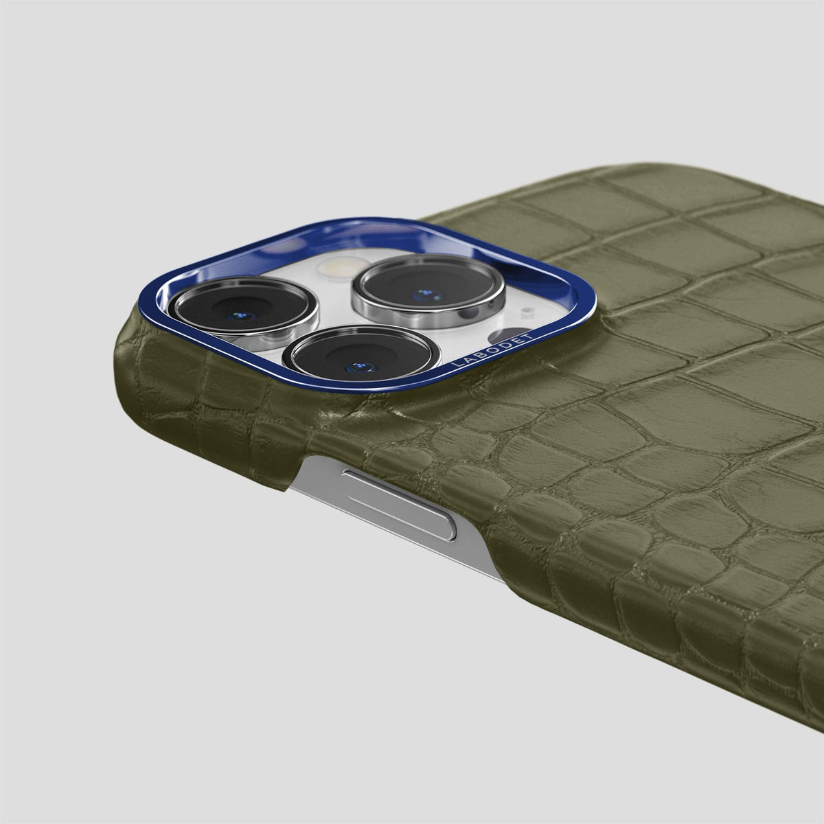 Kaki-Green iPhone 15 Pro Classic Case Alligator with Blue Metal -6 | Kaki-Green-Blue