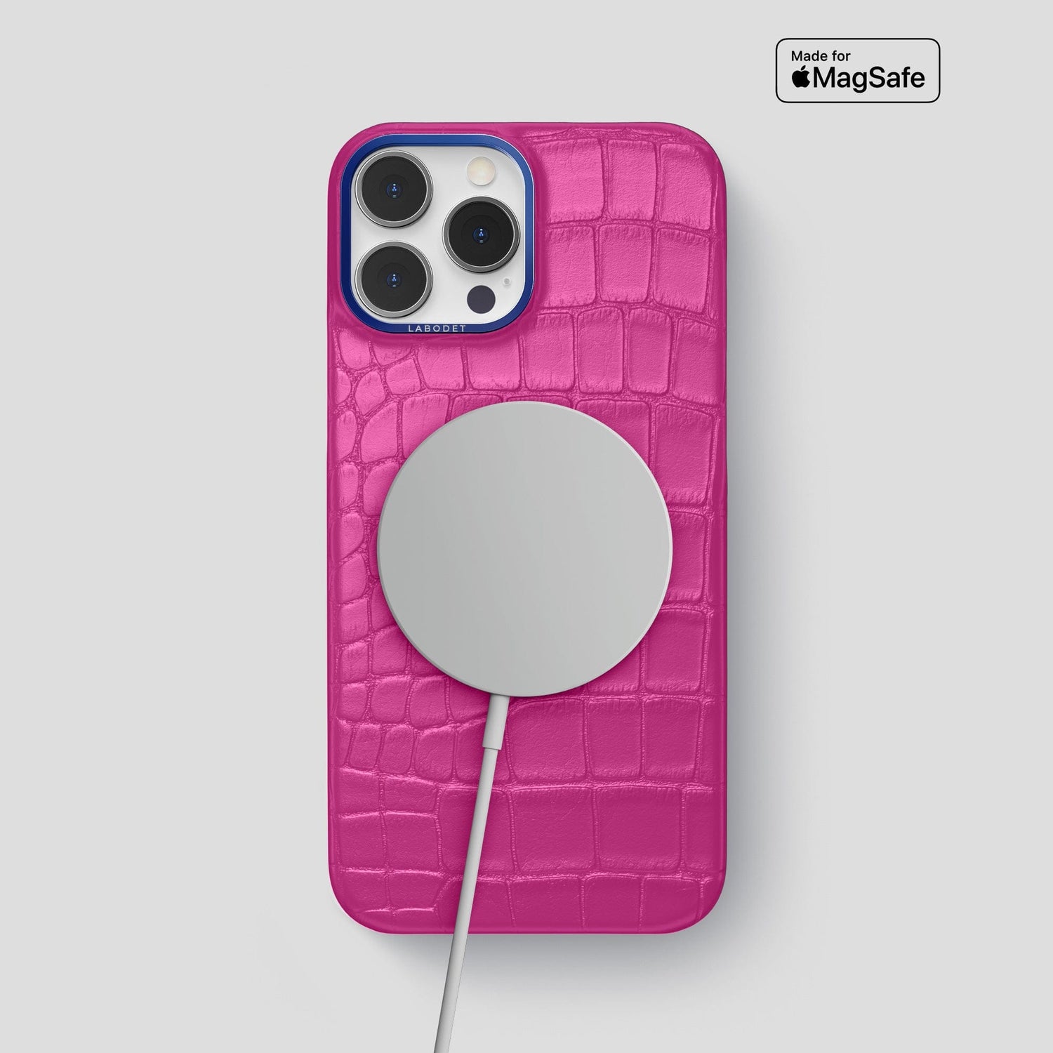 Fuchsia iPhone 15 Pro Max Classic Case Alligator with Blue Metal -5 | Fuchsia-Blue