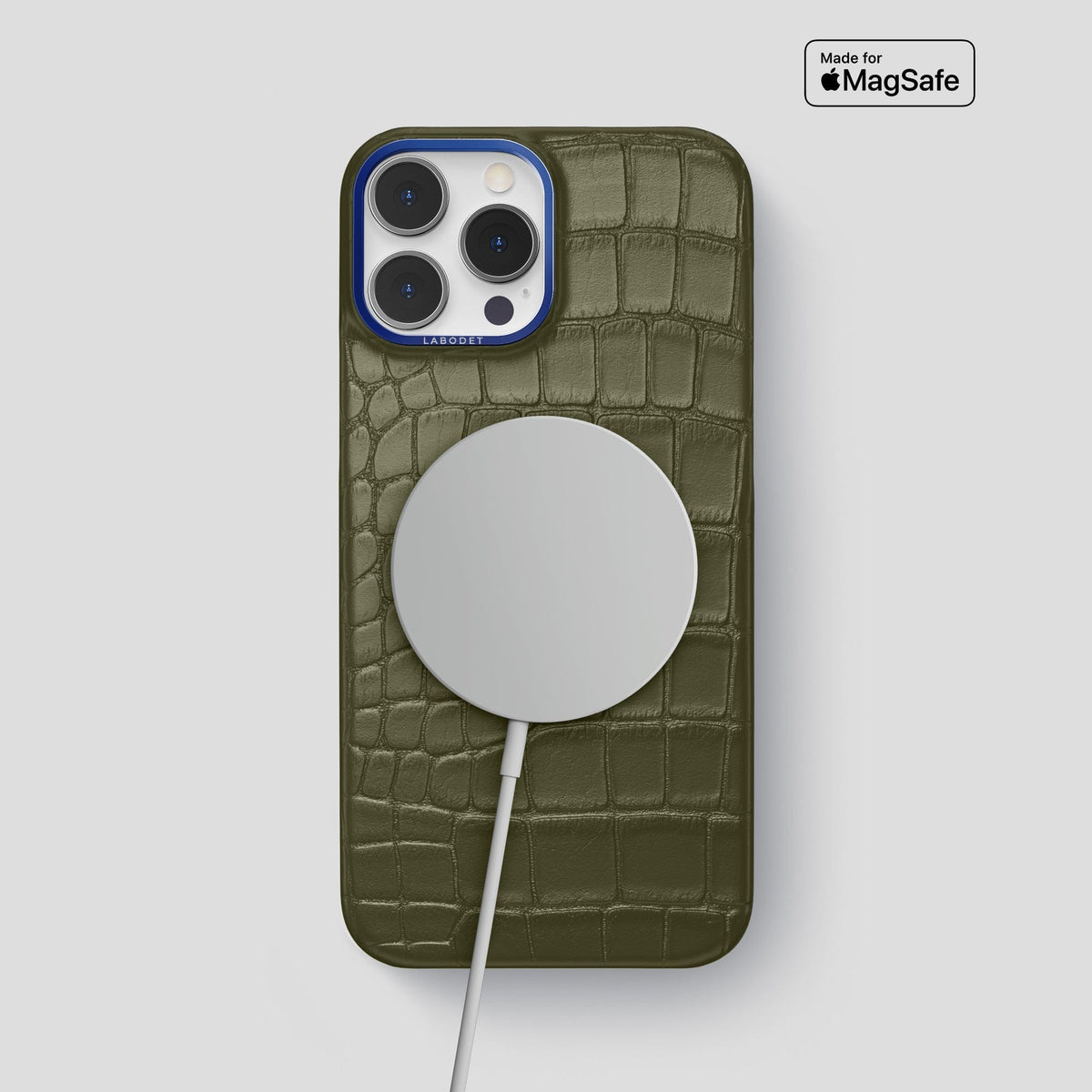 Kaki-Green iPhone 15 Pro Max Classic Case Alligator with Blue Metal -5 | Kaki-Green-Blue