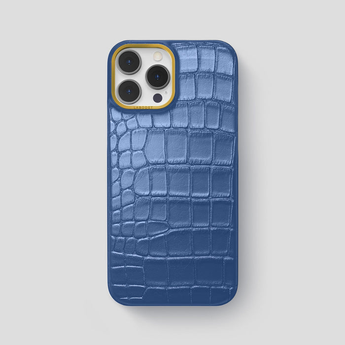 Pearlized-Blue iPhone 15 Pro Max Classic Case Alligator with Gold Metal -1 | Pearlized-Blue-Gold