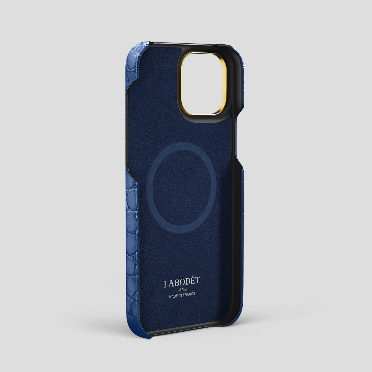 Pearlized-Blue iPhone 15 Pro Max Classic Case Alligator with Gold Metal -4 | Pearlized-Blue-Gold