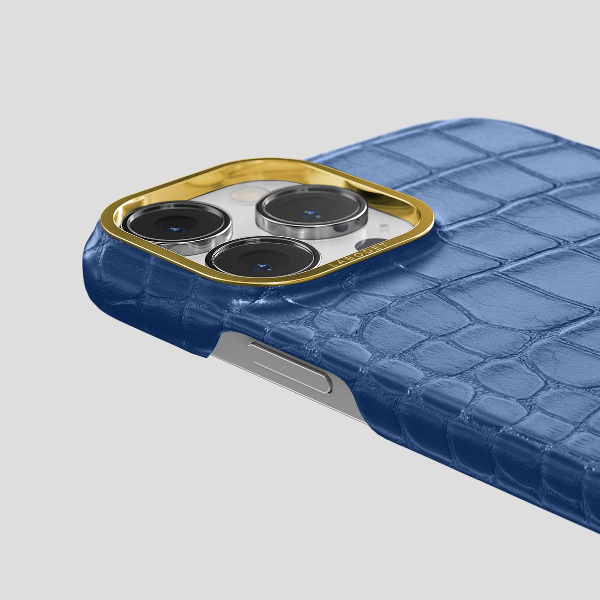 Pearlized-Blue iPhone 15 Pro Max Classic Case Alligator with Gold Metal -6 | Pearlized-Blue-Gold