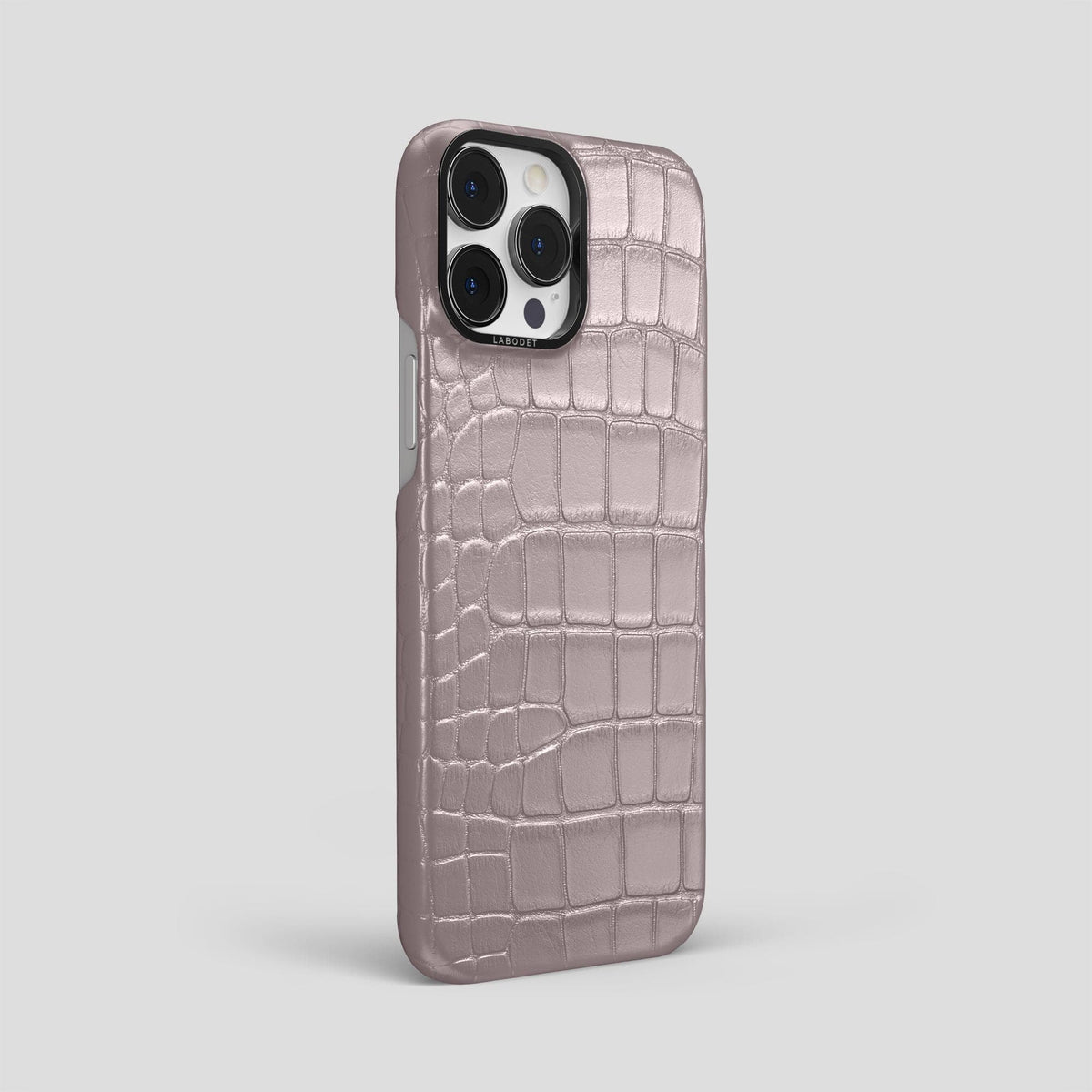 Pearlized-Pink iPhone 15 Pro Max Classic Case Alligator with Black Metal -2 | Pearlized-Pink-Black