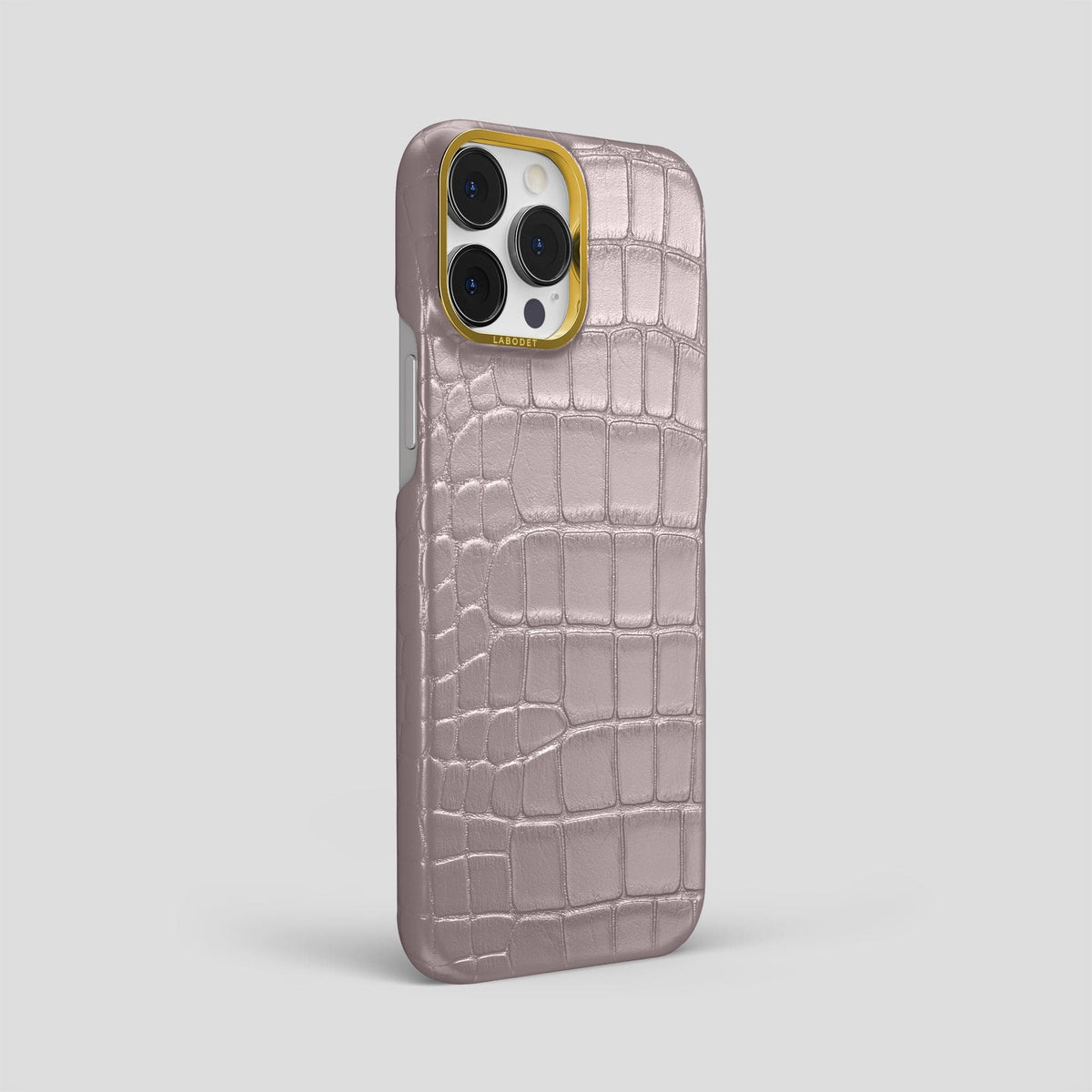 Pearlized-Pink iPhone 15 Pro Max Classic Case Alligator with Gold Metal -2 | Pearlized-Pink-Gold