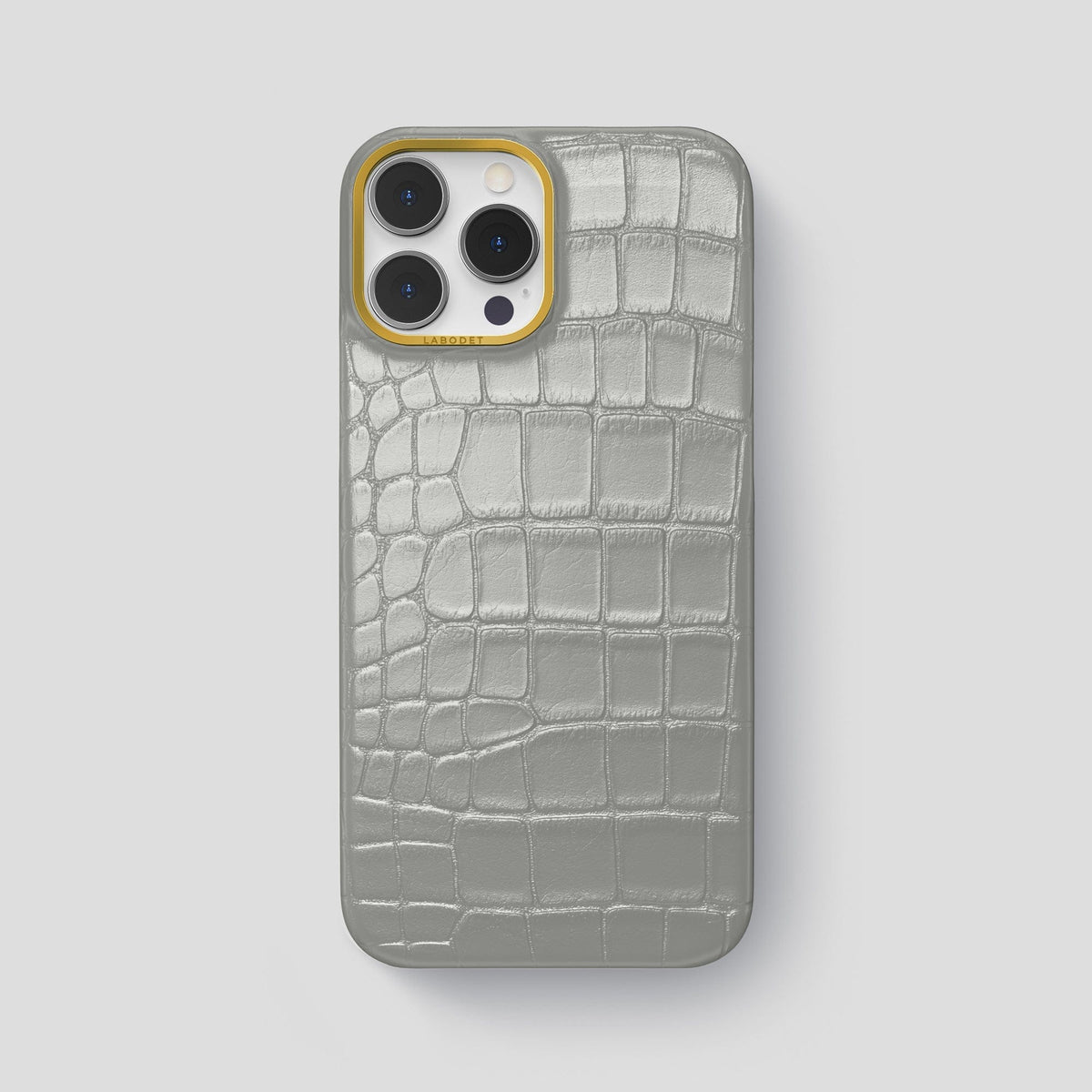 Pearlized-White iPhone 15 Pro Max Classic Case Alligator with Gold Metal -1 | Pearlized-White-Gold