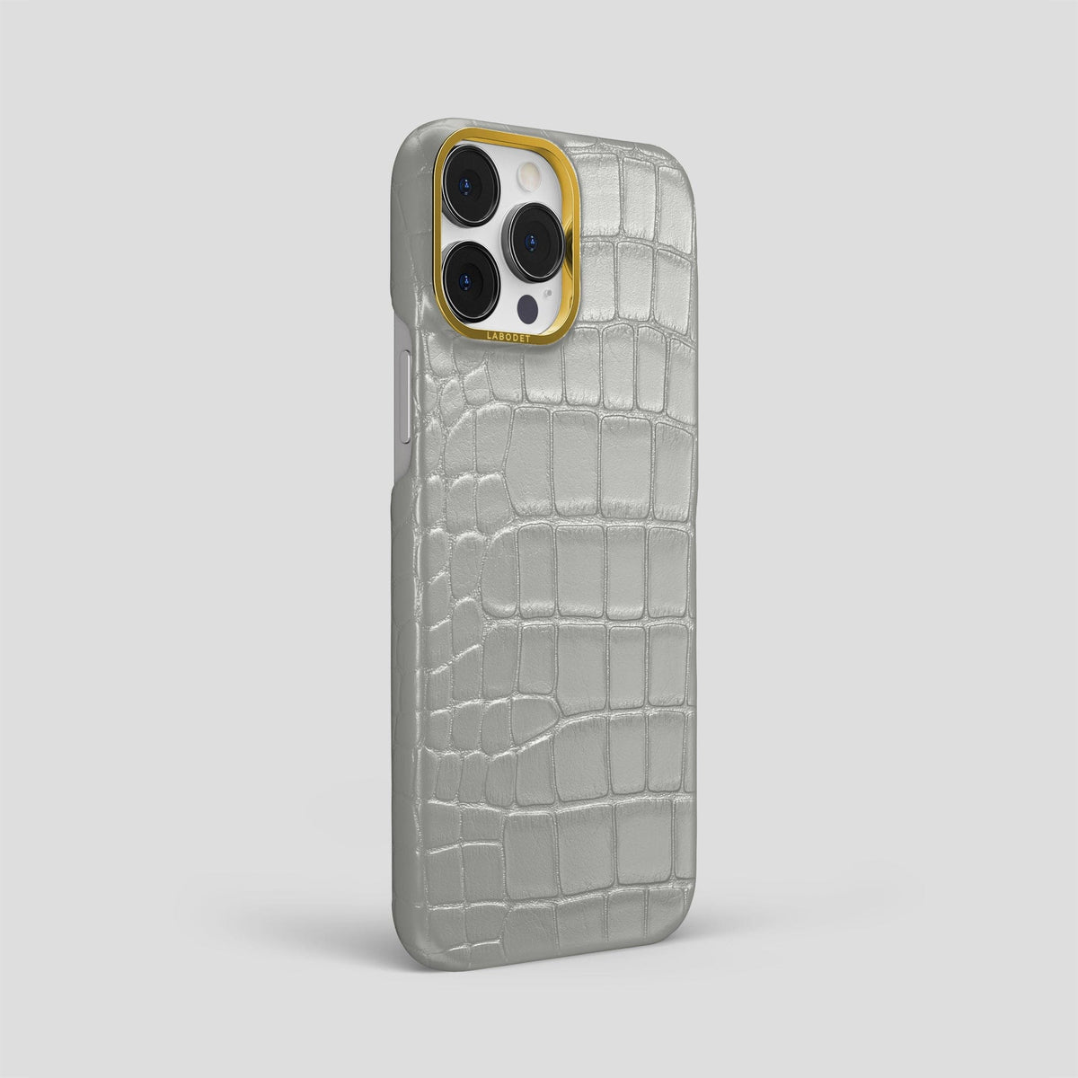 Pearlized-White iPhone 15 Pro Max Classic Case Alligator with Gold Metal -2 | Pearlized-White-Gold