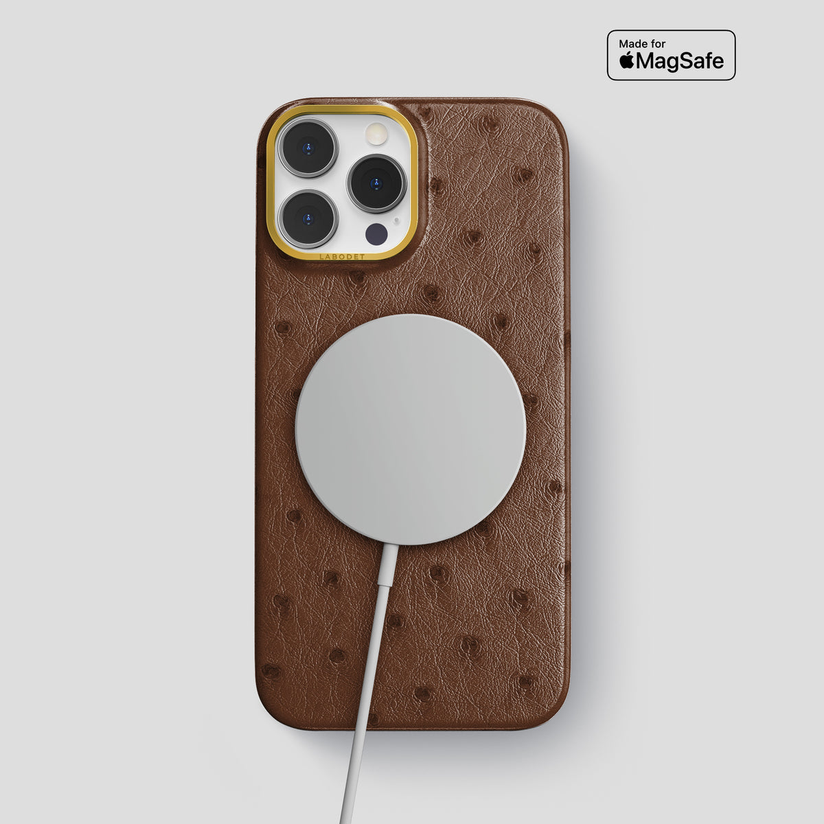 Chocolate iPhone 15 Pro Max Classic Case Ostrich with Gold Metal -4 | Chocolate-Gold