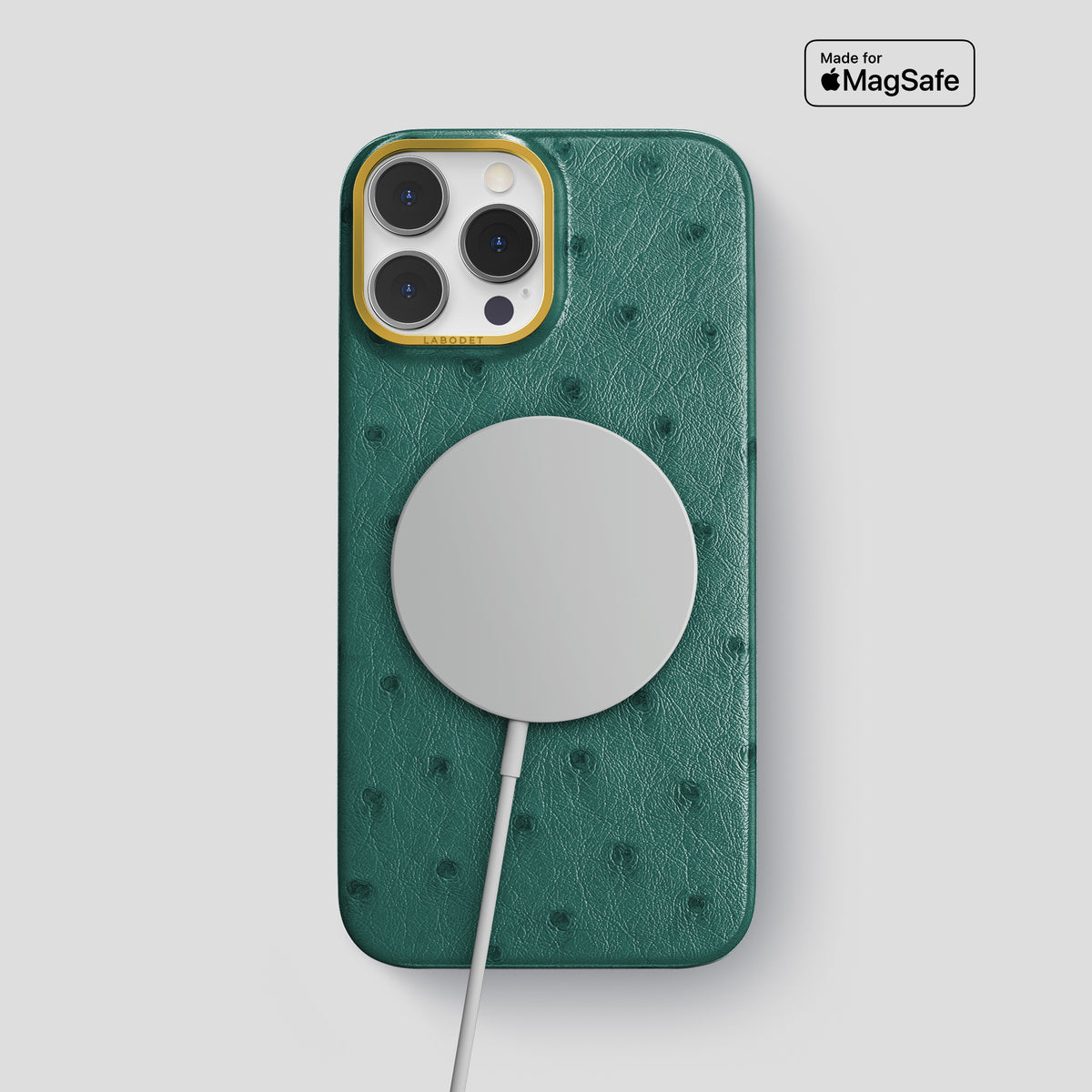 Forest-Green iPhone 15 Pro Max Classic Case Ostrich with Gold Metal -4 | Forest-Green-Gold