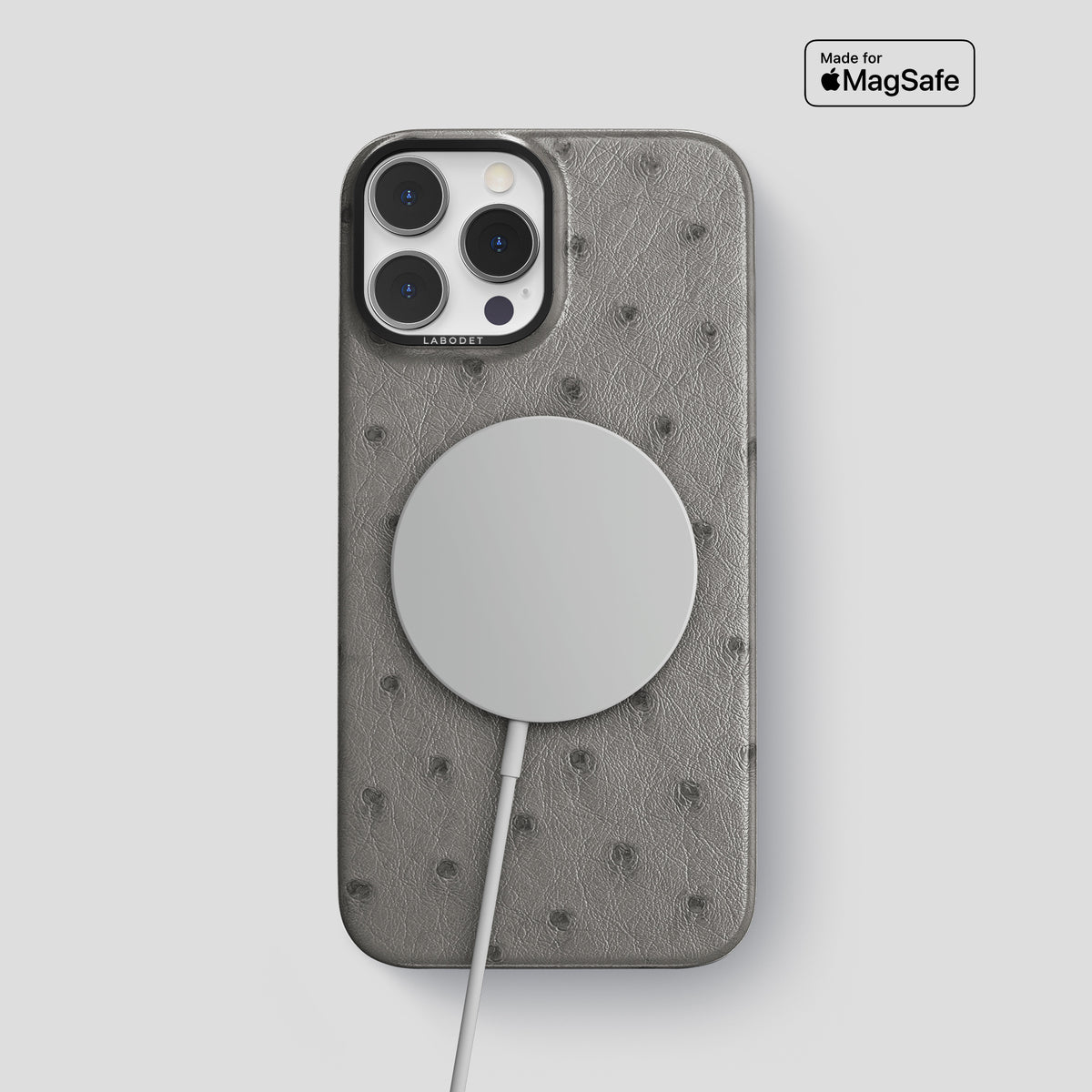 Grey iPhone 15 Pro Max Classic Case Ostrich with Black Metal -4 | Grey-Black
