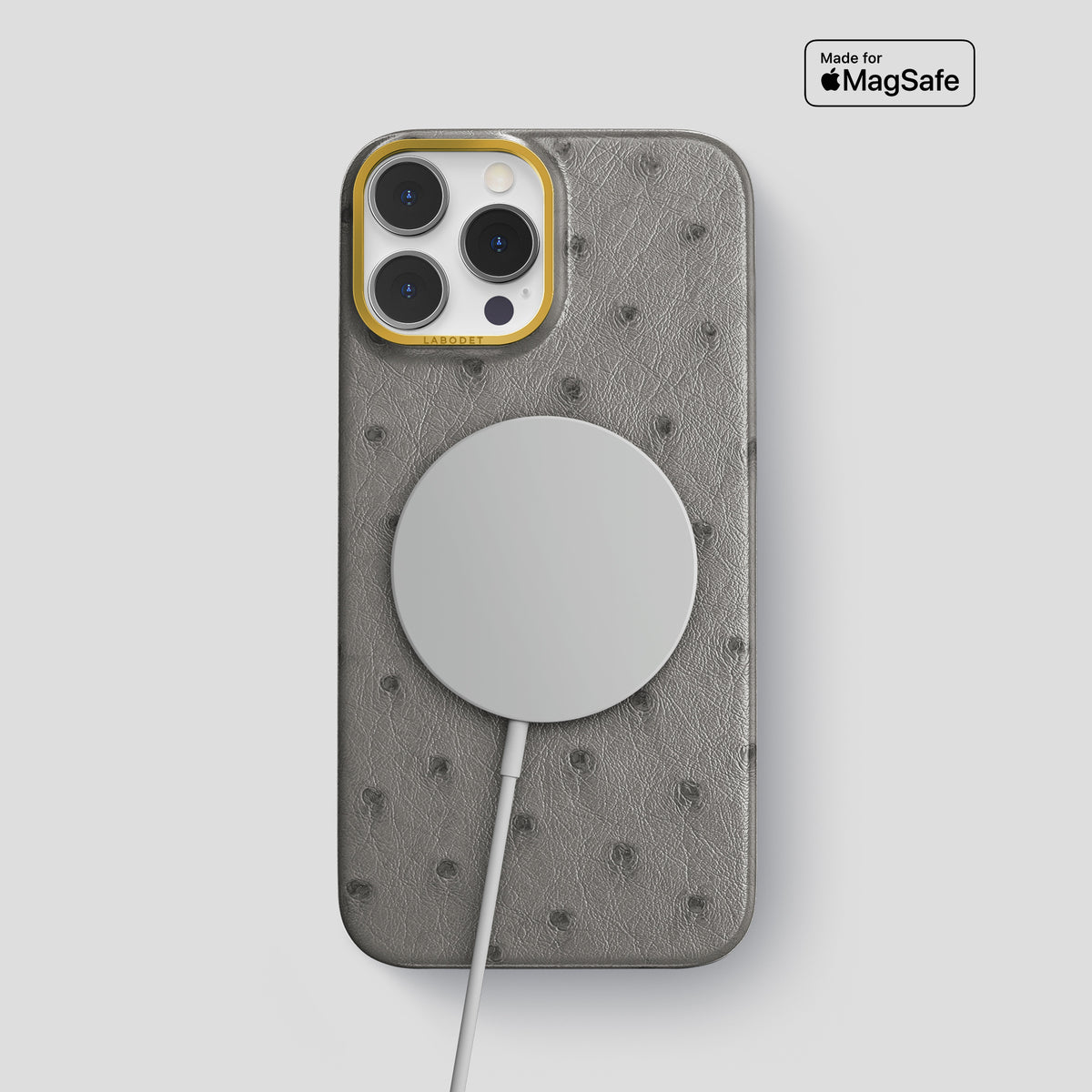 Grey iPhone 15 Pro Max Classic Case Ostrich with Gold Metal -4 | Grey-Gold