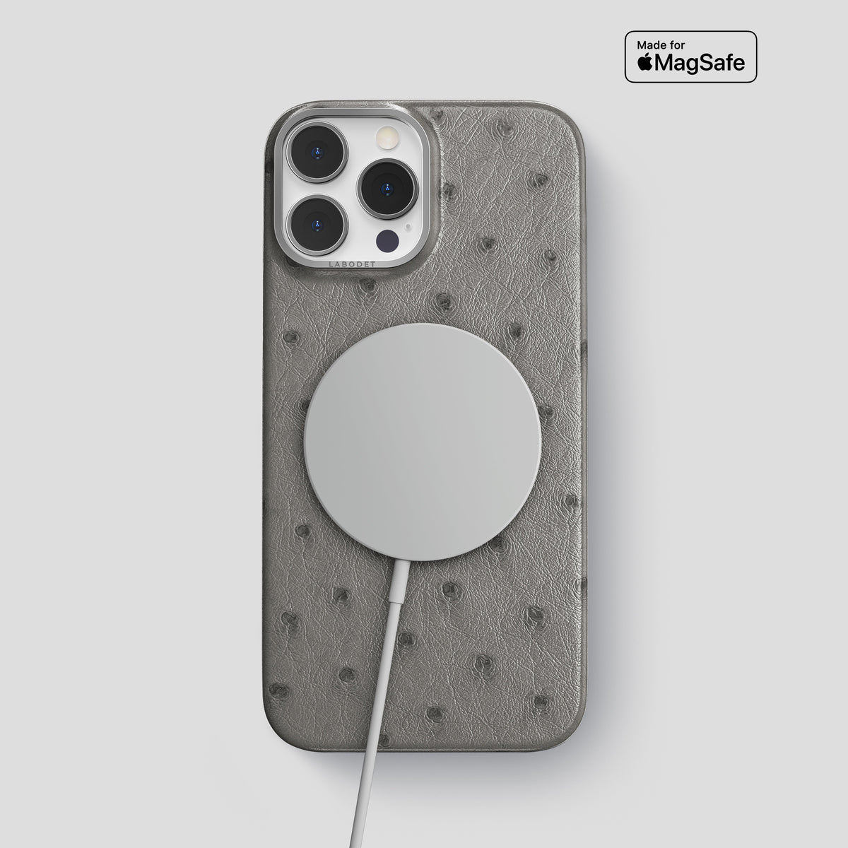 Grey iPhone 15 Pro Max Classic Case Ostrich with Steel Metal -4 | Grey-Steel