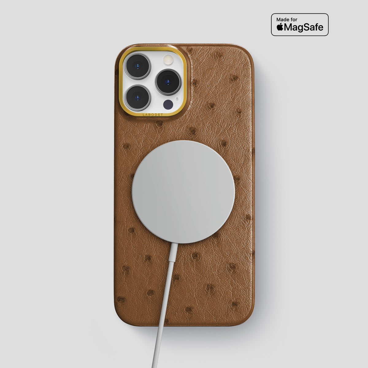 Medium-Brown iPhone 15 Pro Max Classic Case Ostrich with Gold Metal -4 | Medium-Brown-Gold